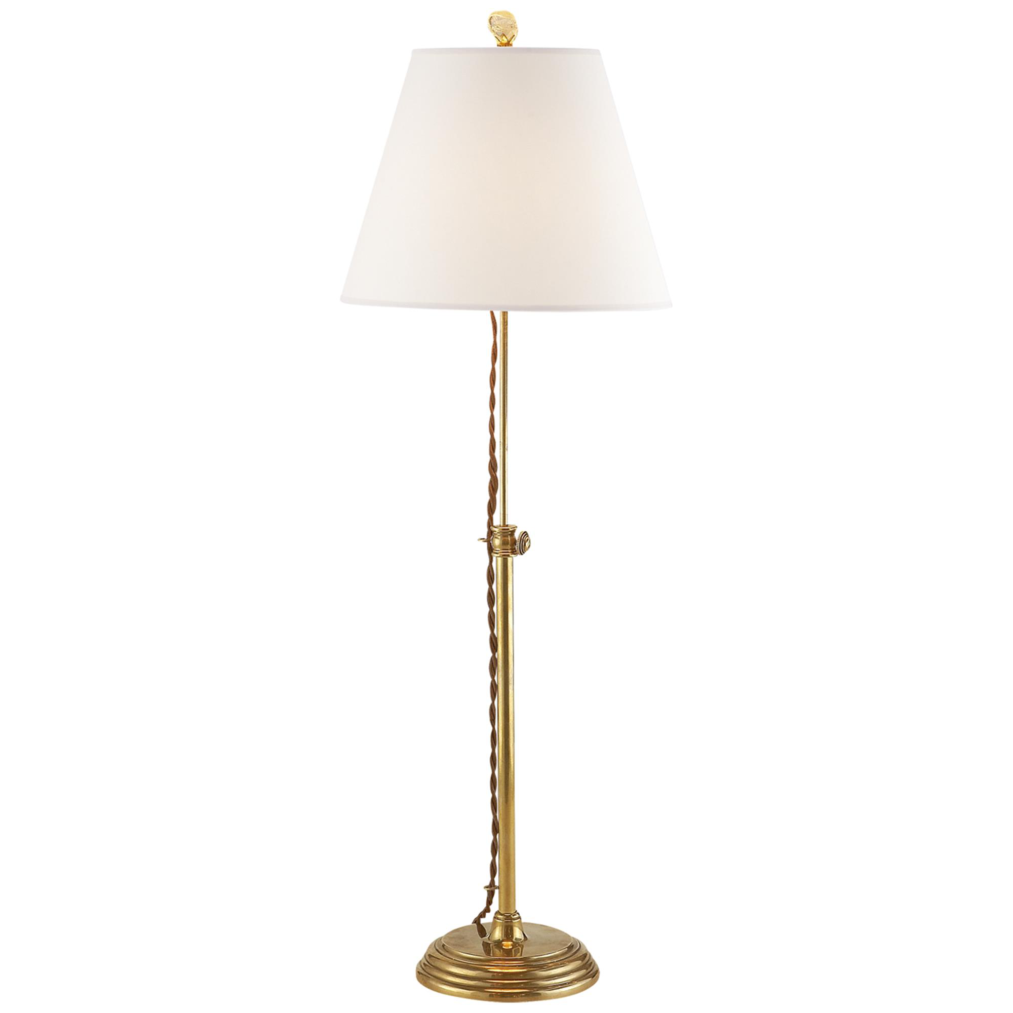 Shown in Hand-Rubbed Antique Brass finish and Linen shade