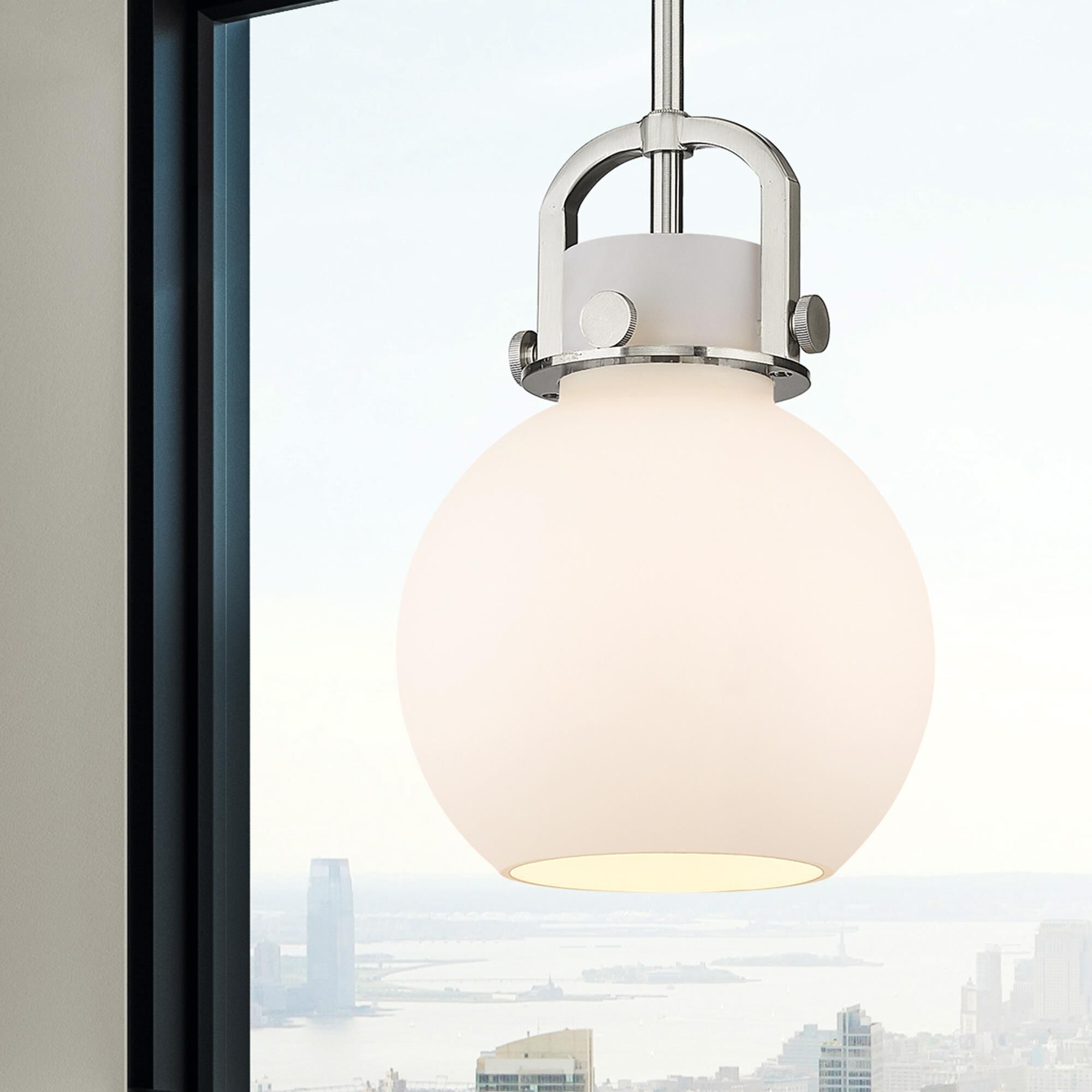 Shown in Satin Nickel finish and Matte White glass