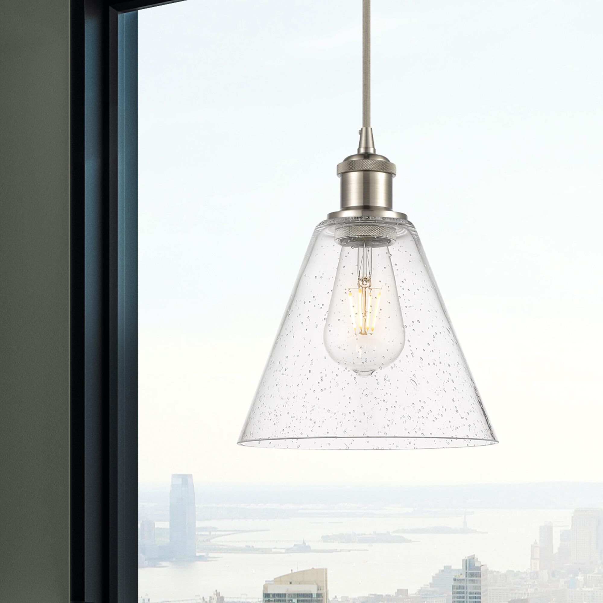 Shown in Brushed Satin Nickel finish and Seedy glass