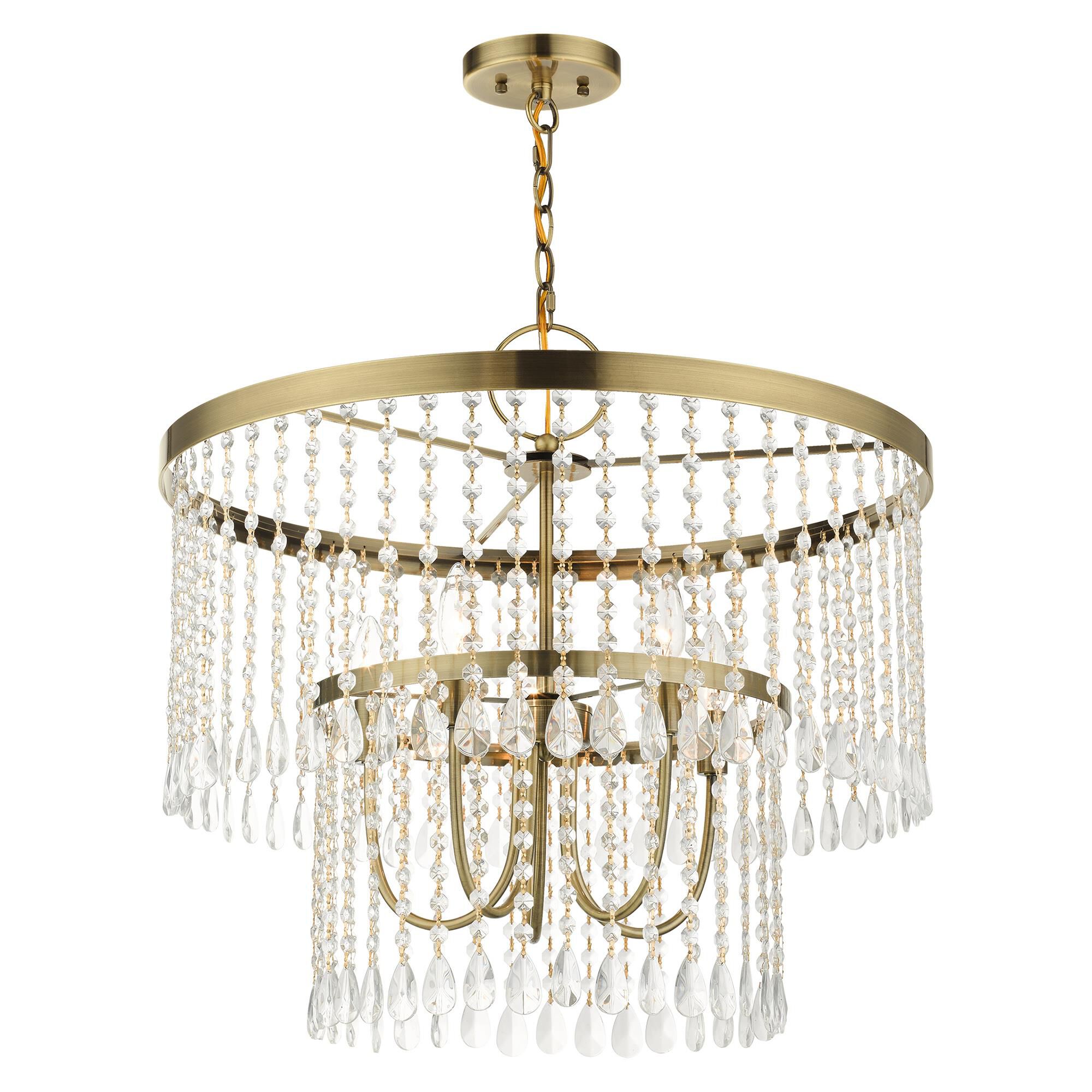 Shown in Antique Brass finish and Hand Assembled Crystal Shade glass