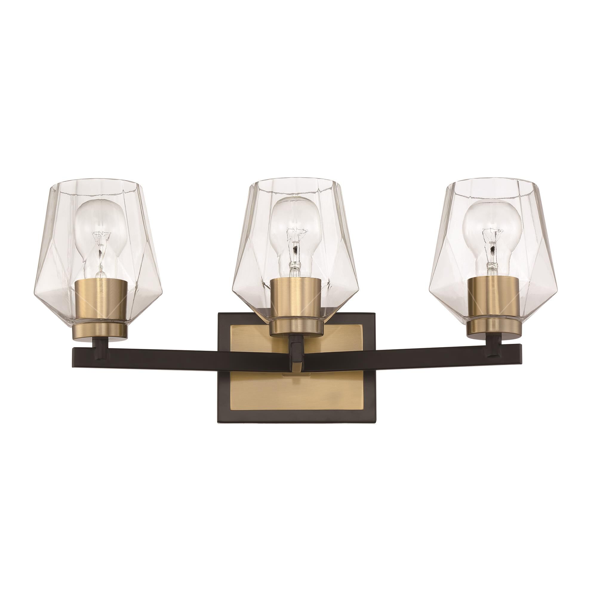 Shown in Flat Black/Satin Brass finish and Clear glass