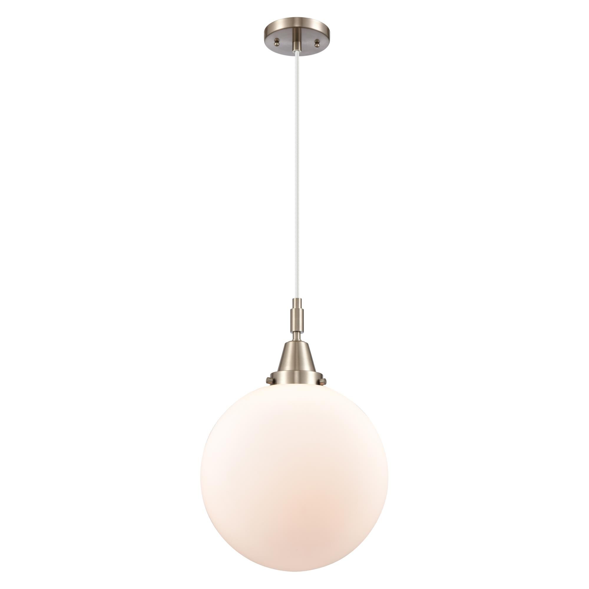 Shown in Brushed Satin Nickel finish and Matte White glass