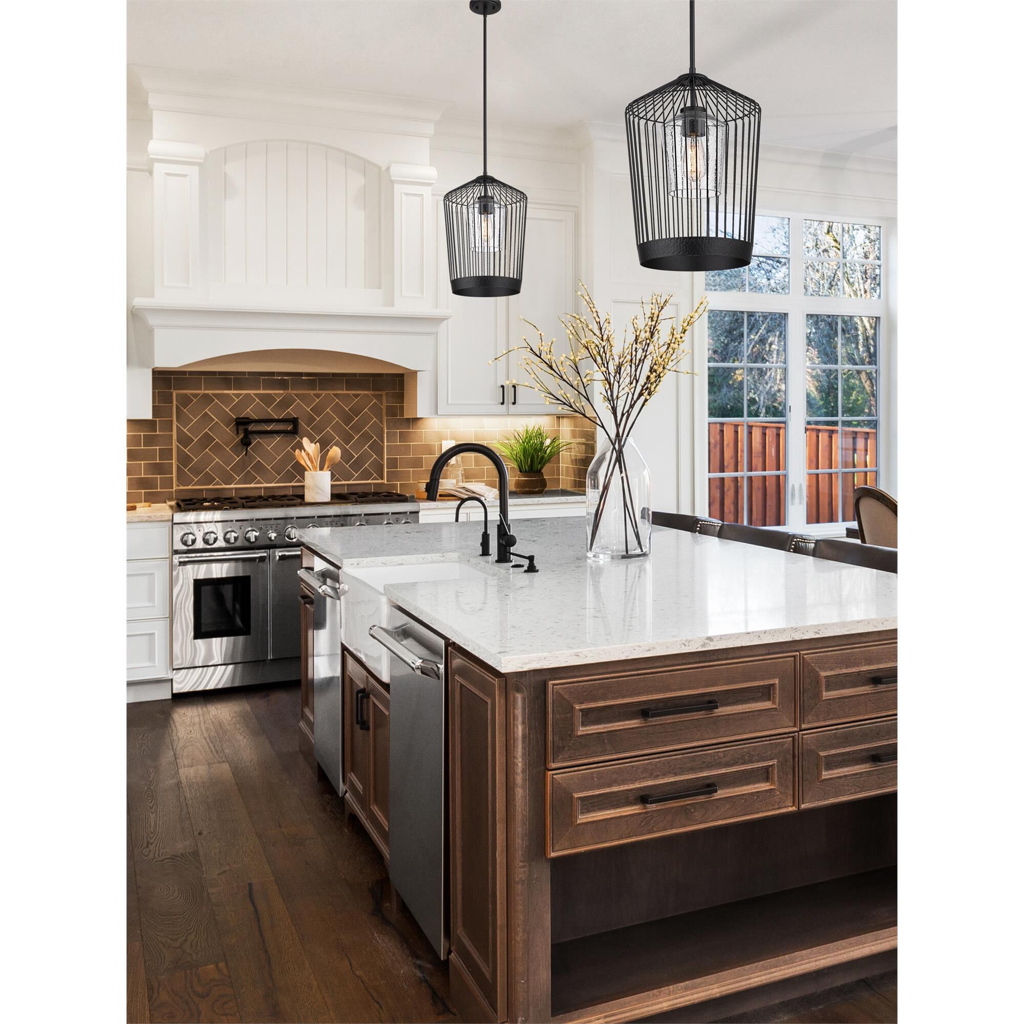 Shown in Matte Black finish and Clear Seeded glass and No Shade shade