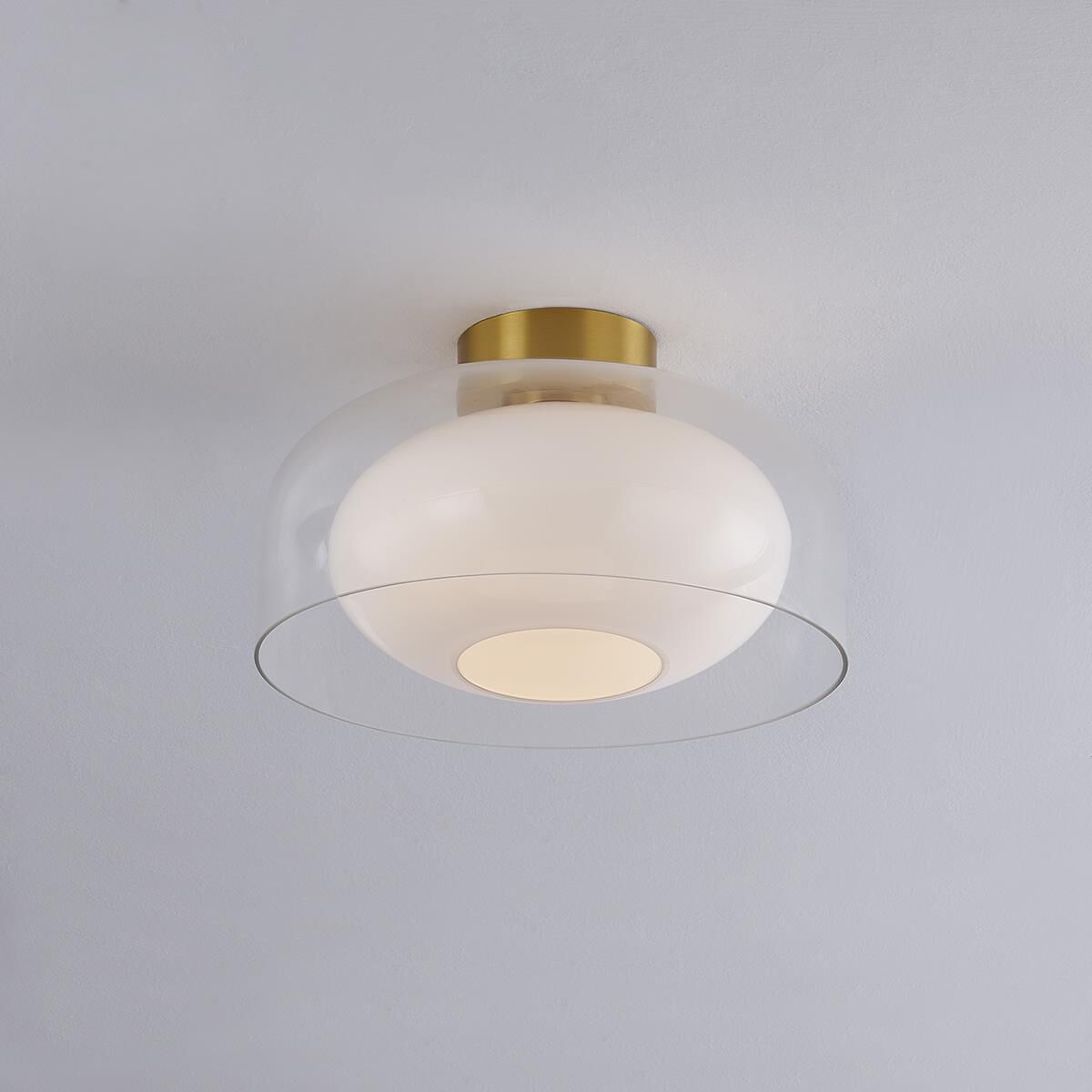 Shown in Aged Brass finish and Thick Clear glass