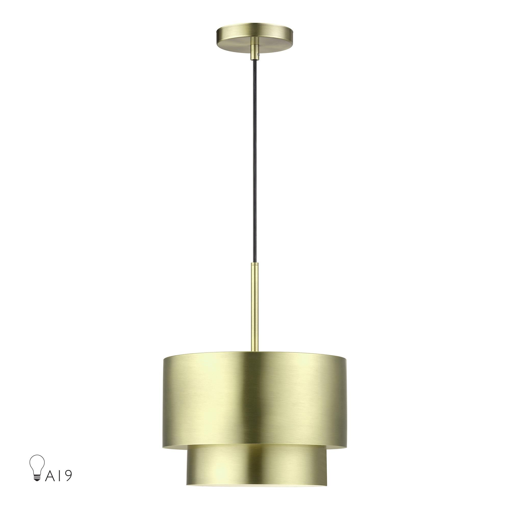 Shown in Antique Brass finish and Antique Brass Steel with Shiny White Inside shade