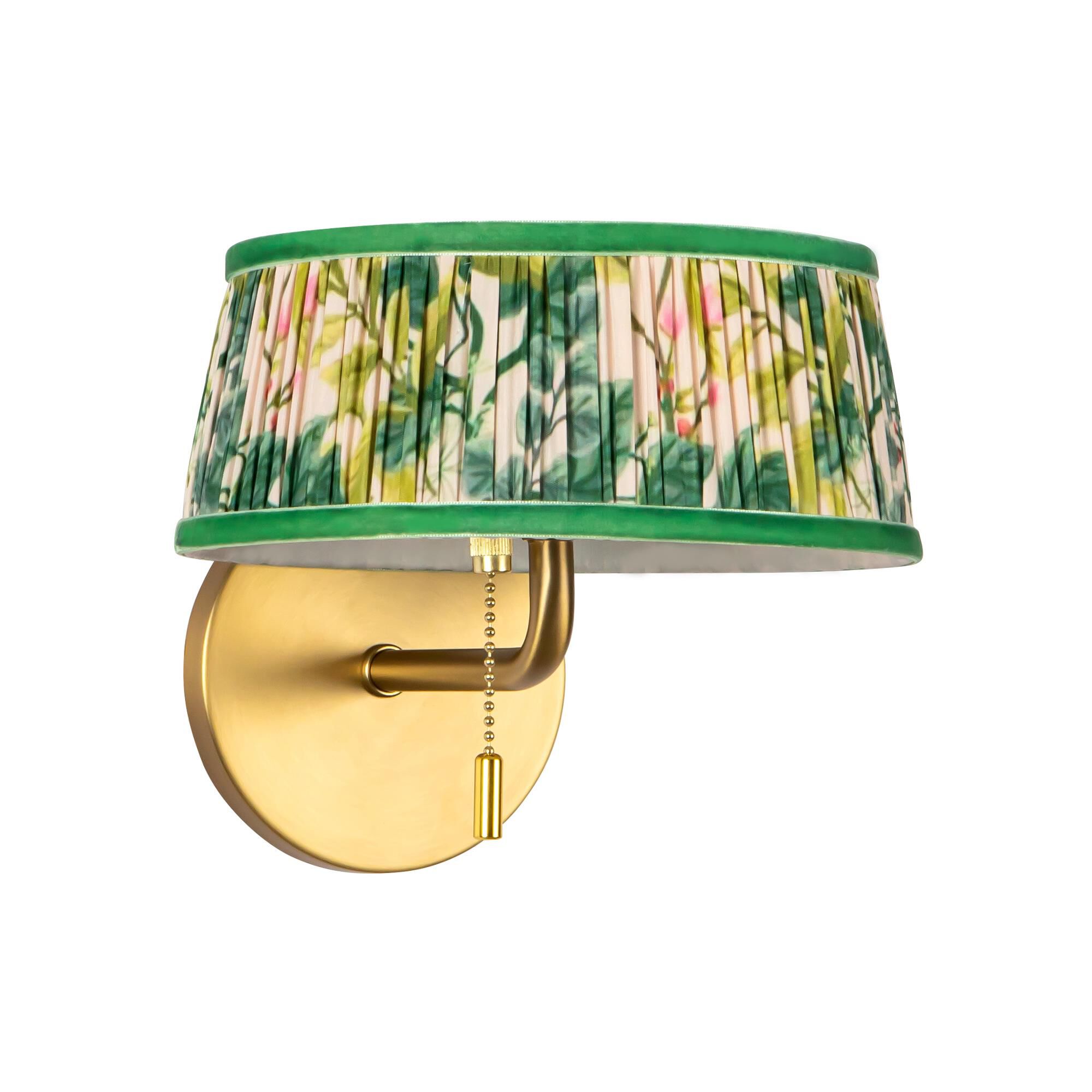 Shown in Brushed Gold finish and Green Linen shade