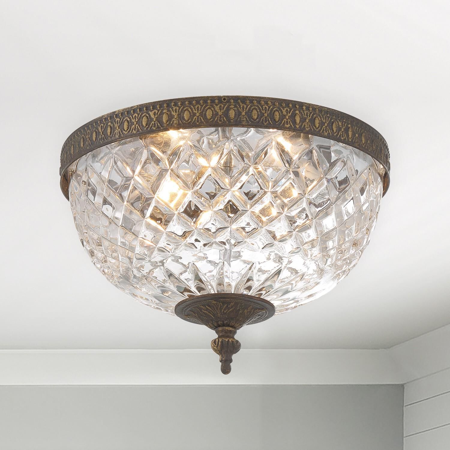 Shown in English Bronze finish and Lead Crystal glass and Lead Crystal shade