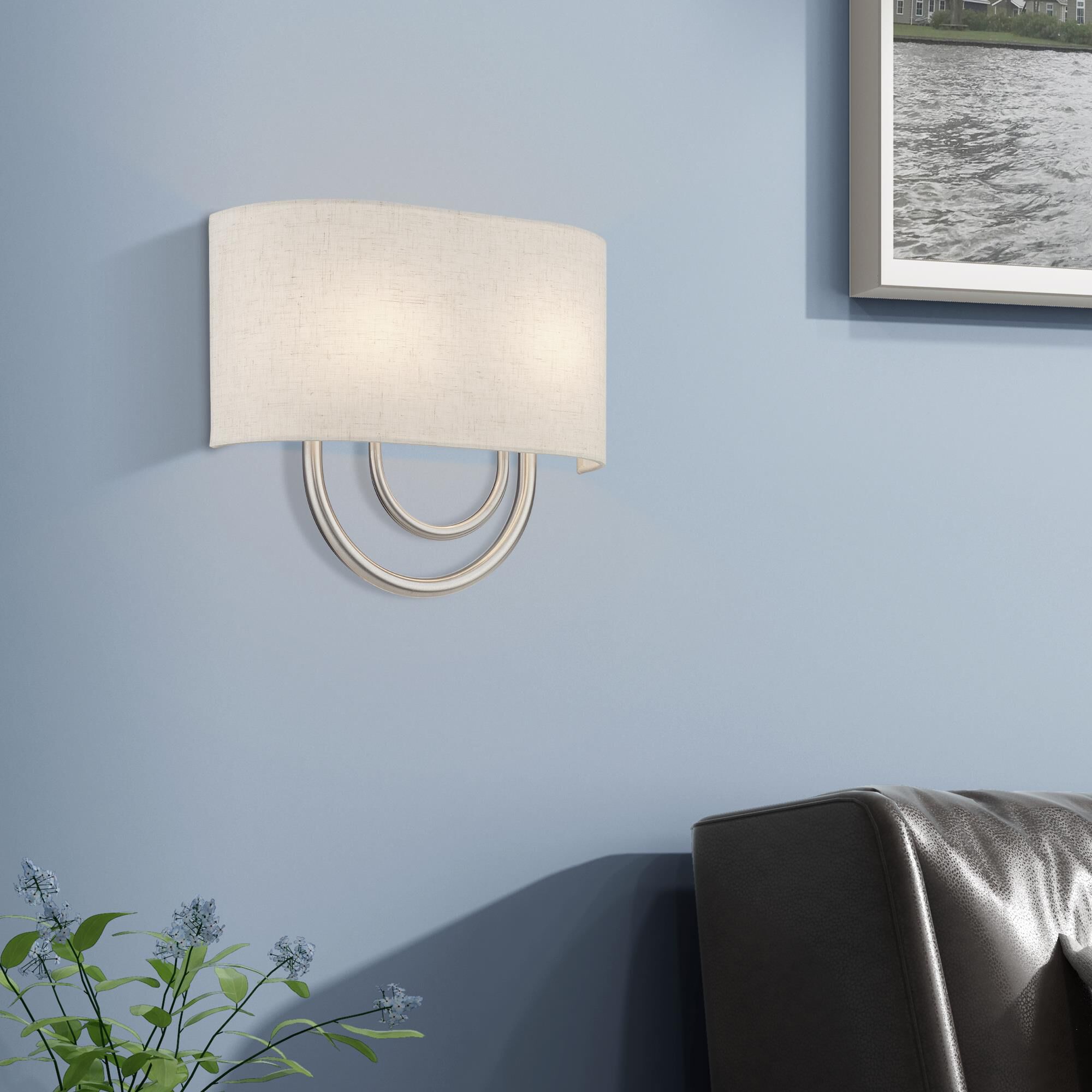 Shown in Brushed Nickel finish and Hand Crafted Oatmeal Color Fabric Hardback with White Fabric Inside shade