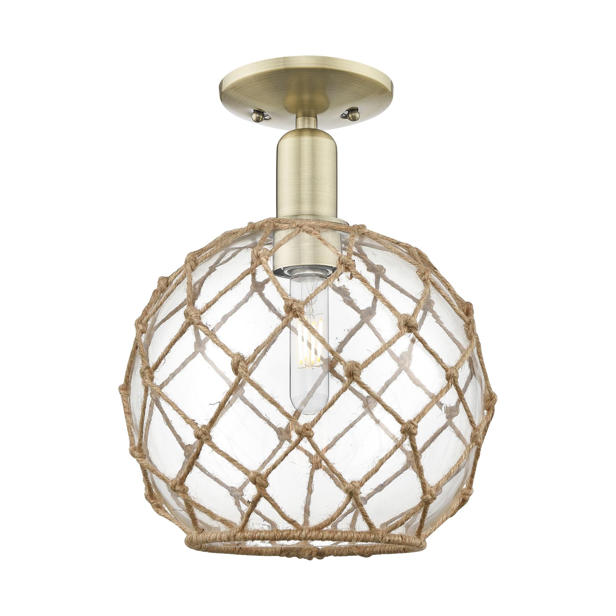 Shown in Antique Brass finish and Clear with Brown Rope glass