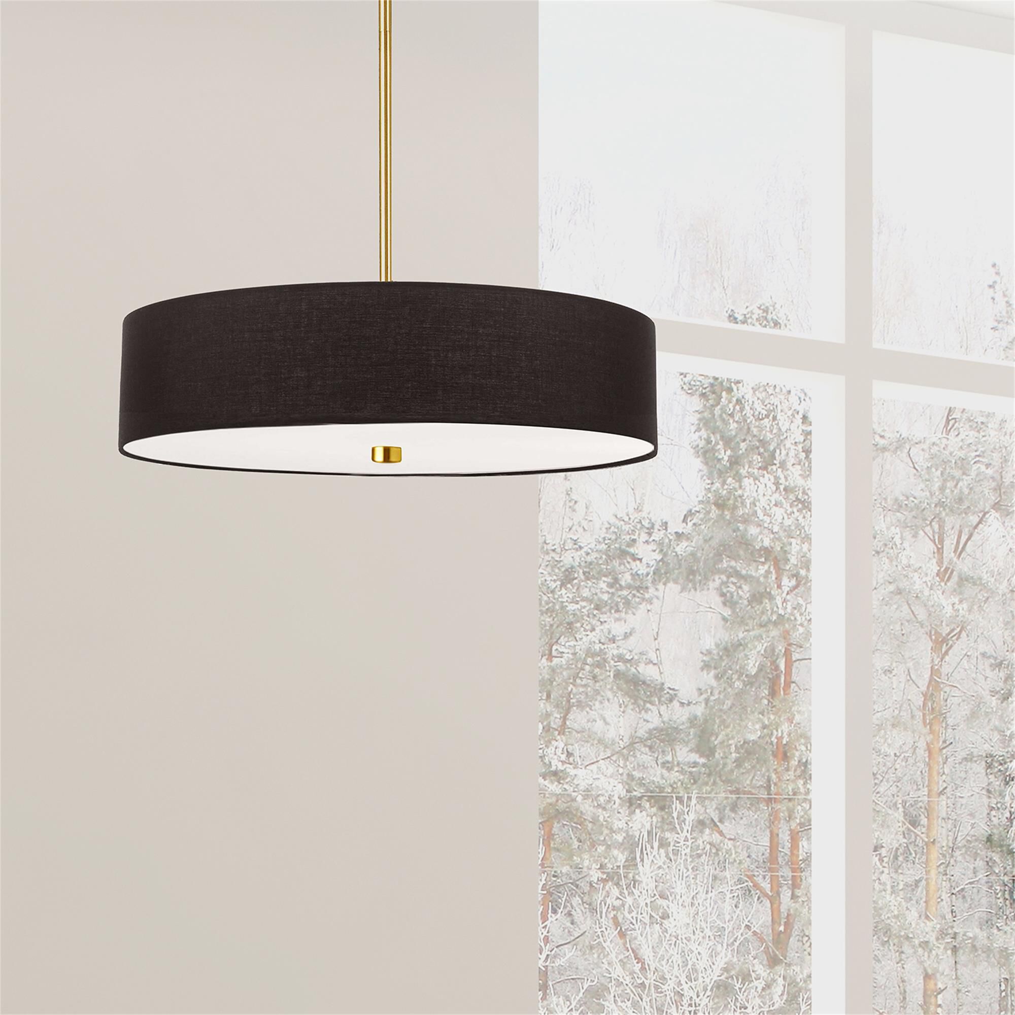 Shown in Black and Aged Brass finish and Black Fabric Drum shade