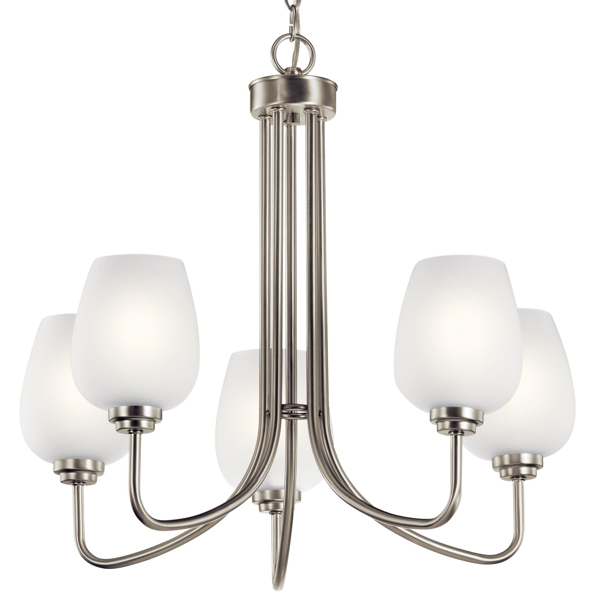 Shown in Brushed Nickel finish and Satin Etched glass