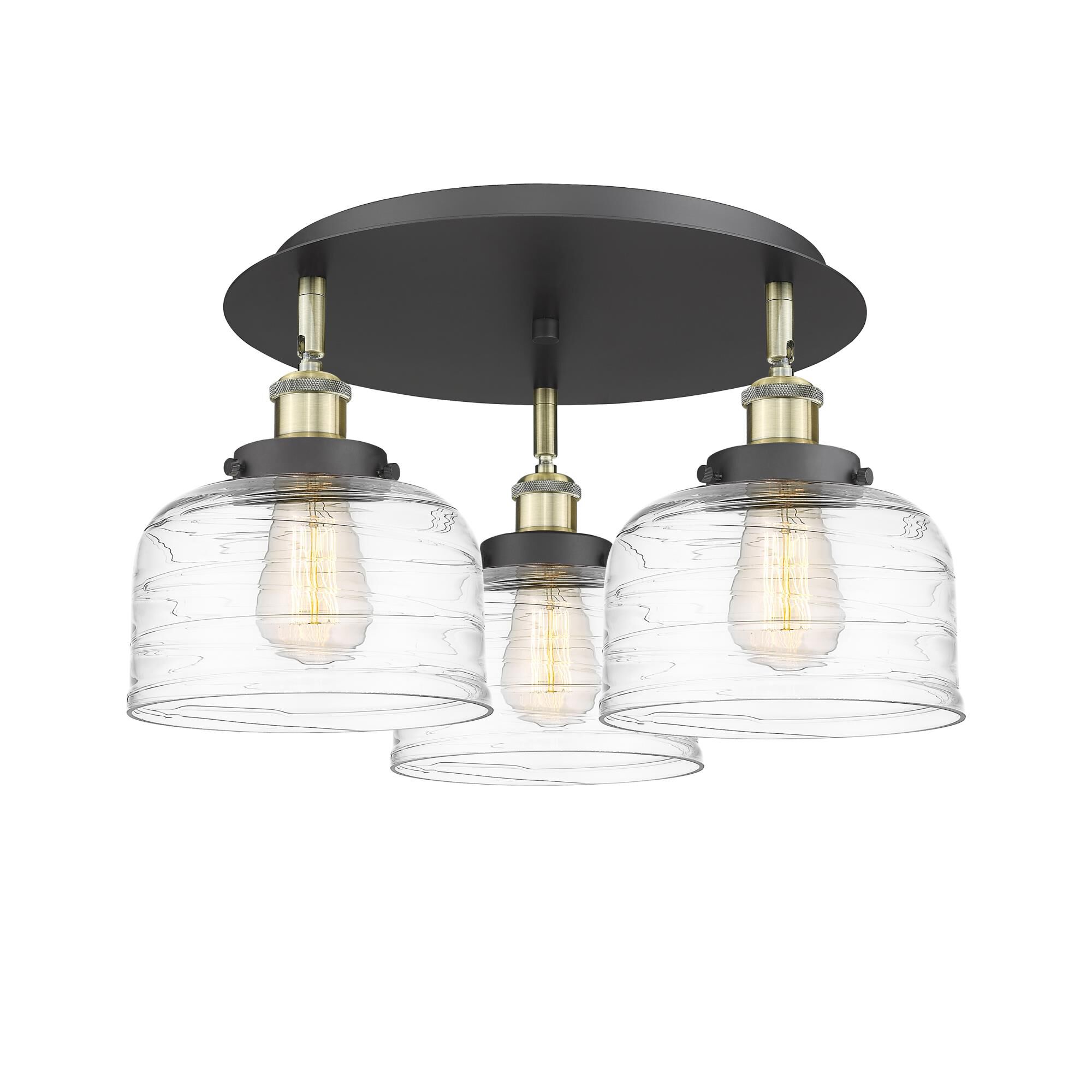 Shown in Black Antique Brass finish and Clear Deco Swirl glass