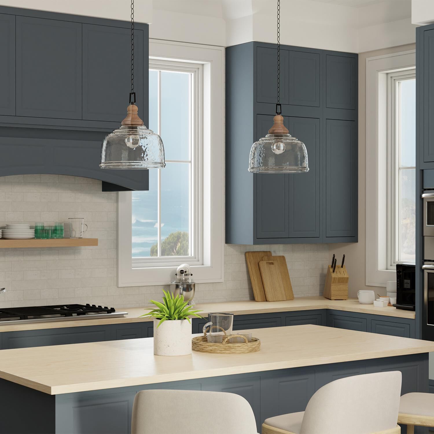 Shown in Grey Wash and Iron Silk finish and Clear Organic Rippled glass