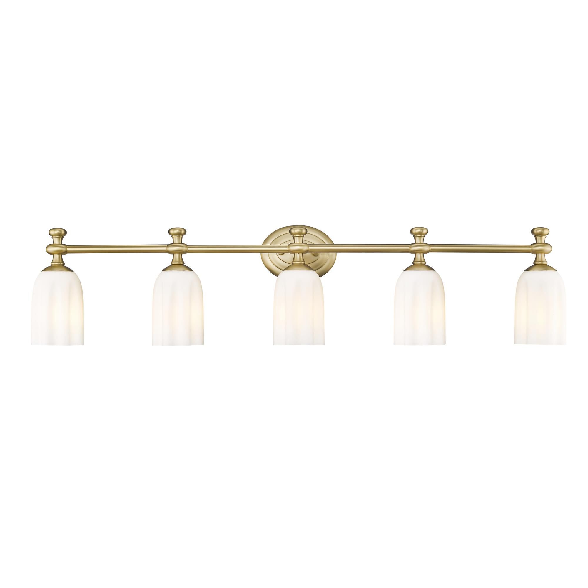 Shown in Modern Gold finish and Opal Etched glass and Opal Etched shade