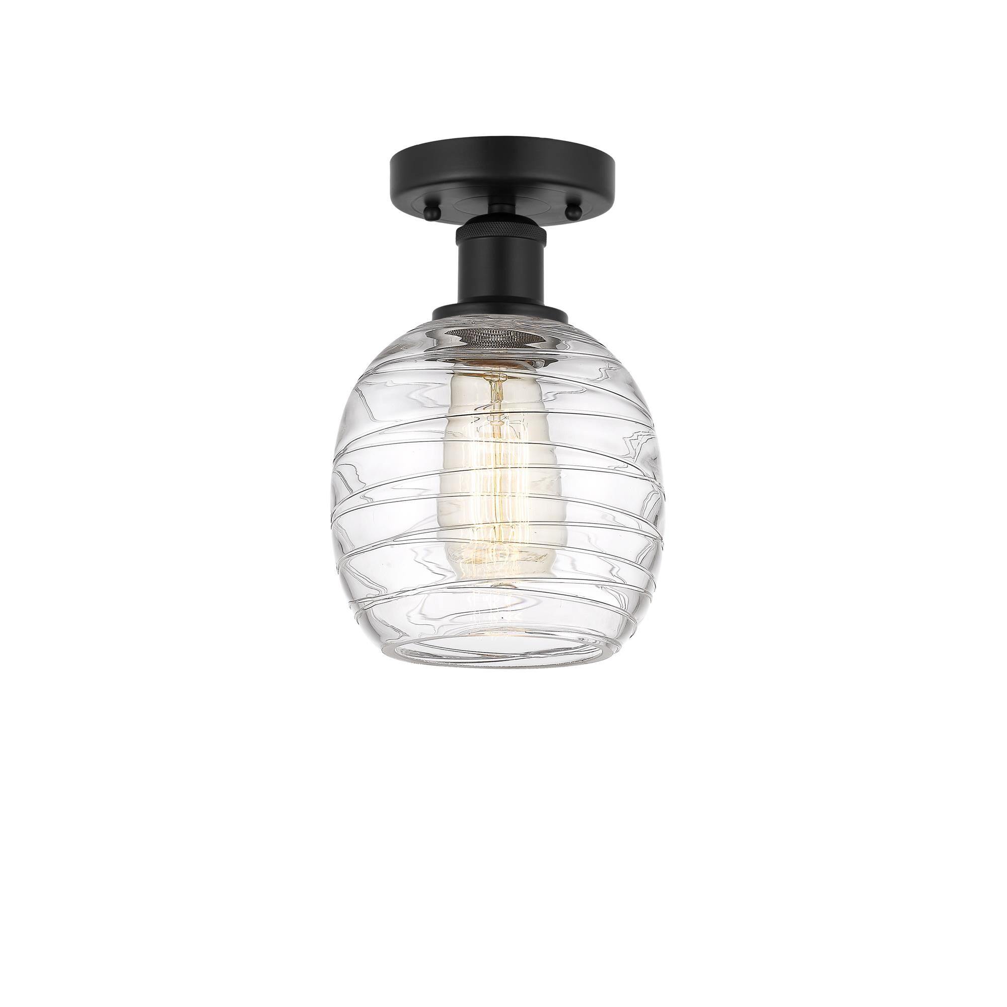 Shown in Matte Black finish and Deco Swirl glass