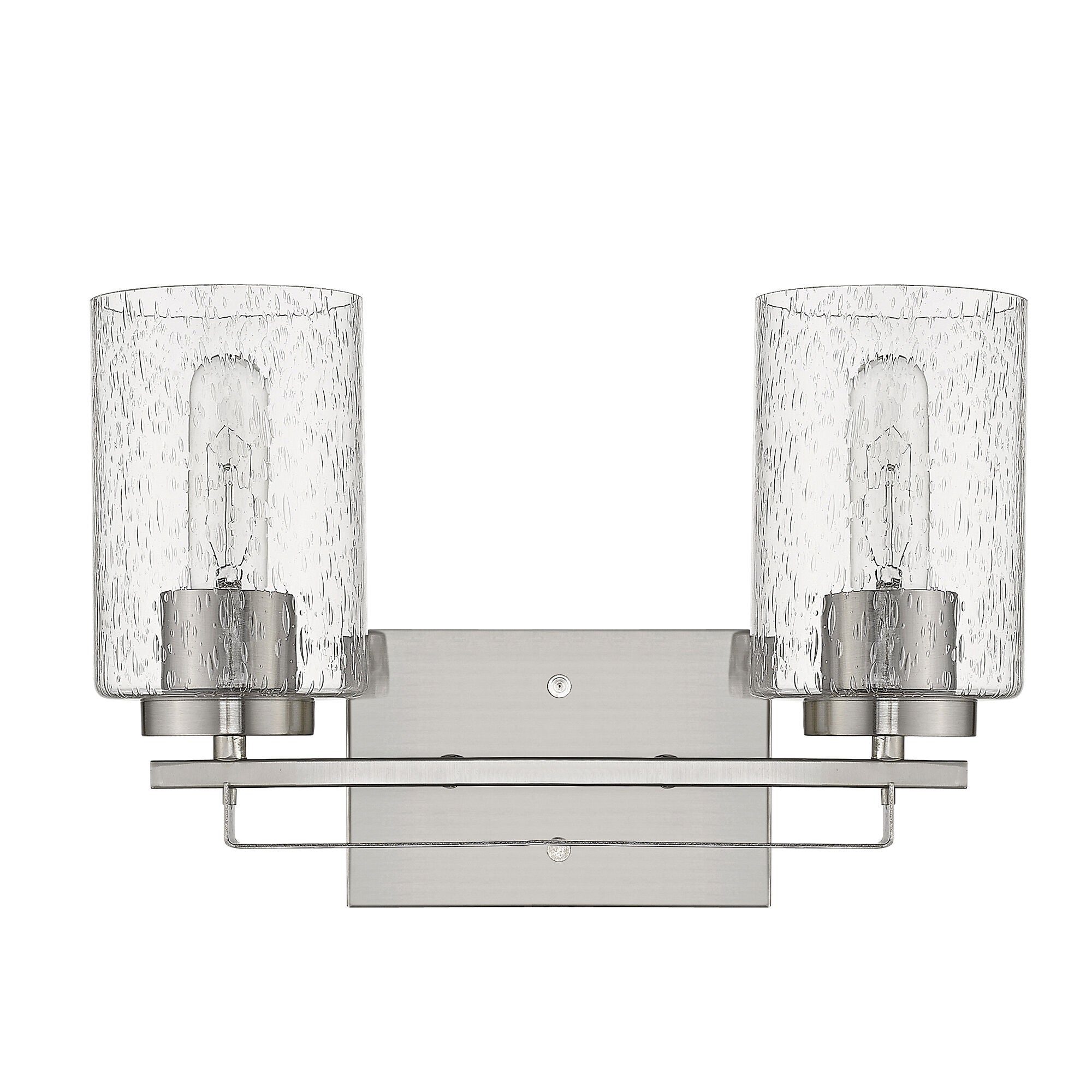 Shown in Satin Nickel finish and Clear glass and Clear, Seeded Cylindrical Glass s shade