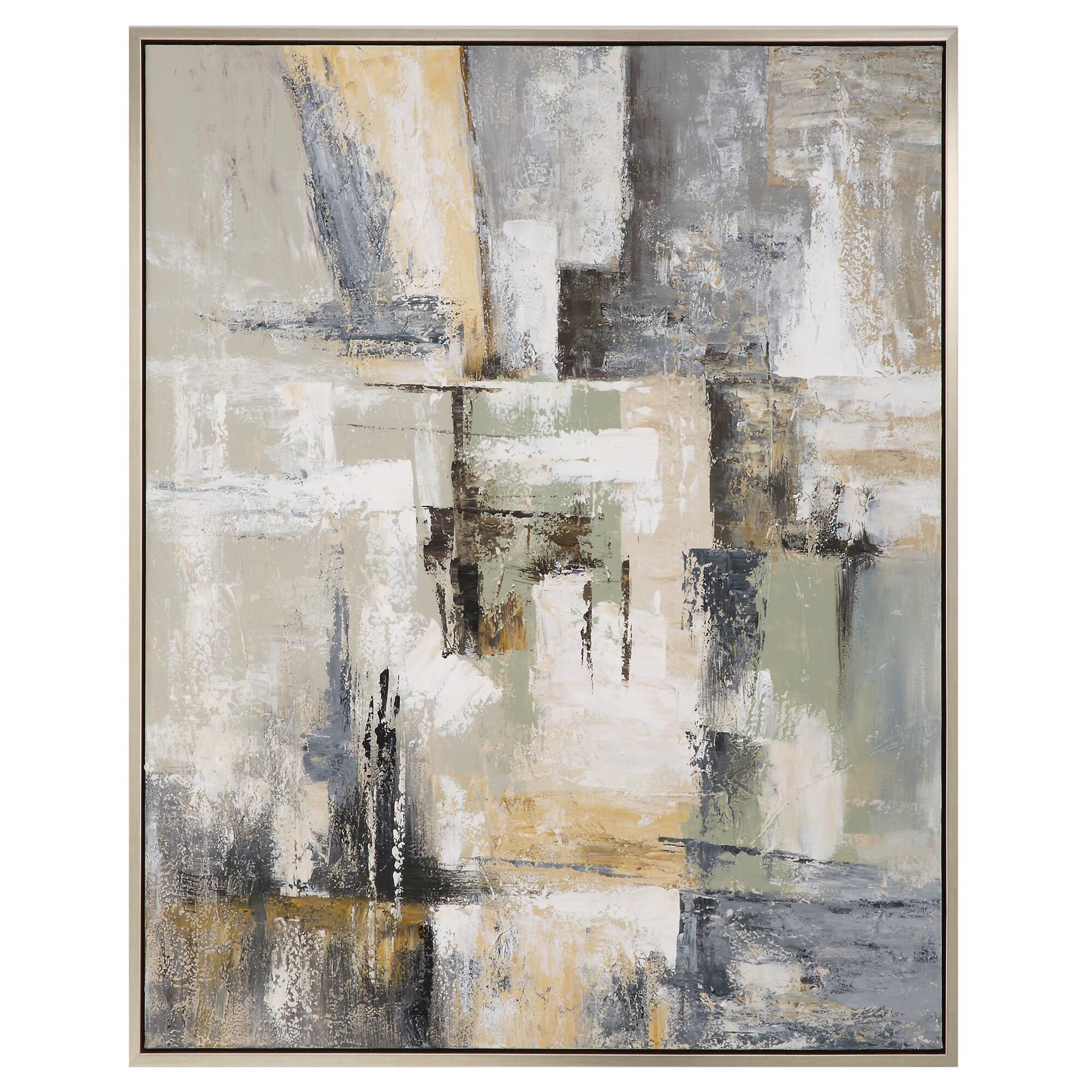 Shown in Brushed Silver Gallery Frame, Canvas Painting, Abstract, Gray, Green, Gold, Black, Taupe finish