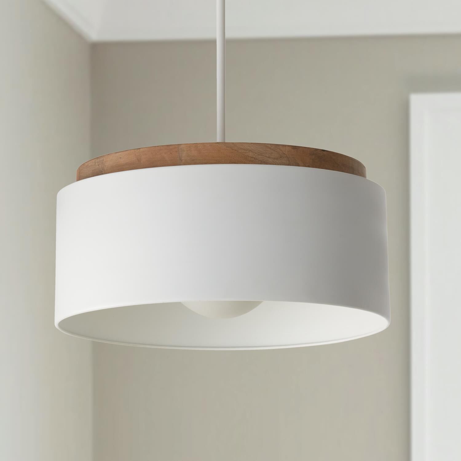 Shown in Light Wood and White finish and Soft White Orb glass and Matte White Metal shade