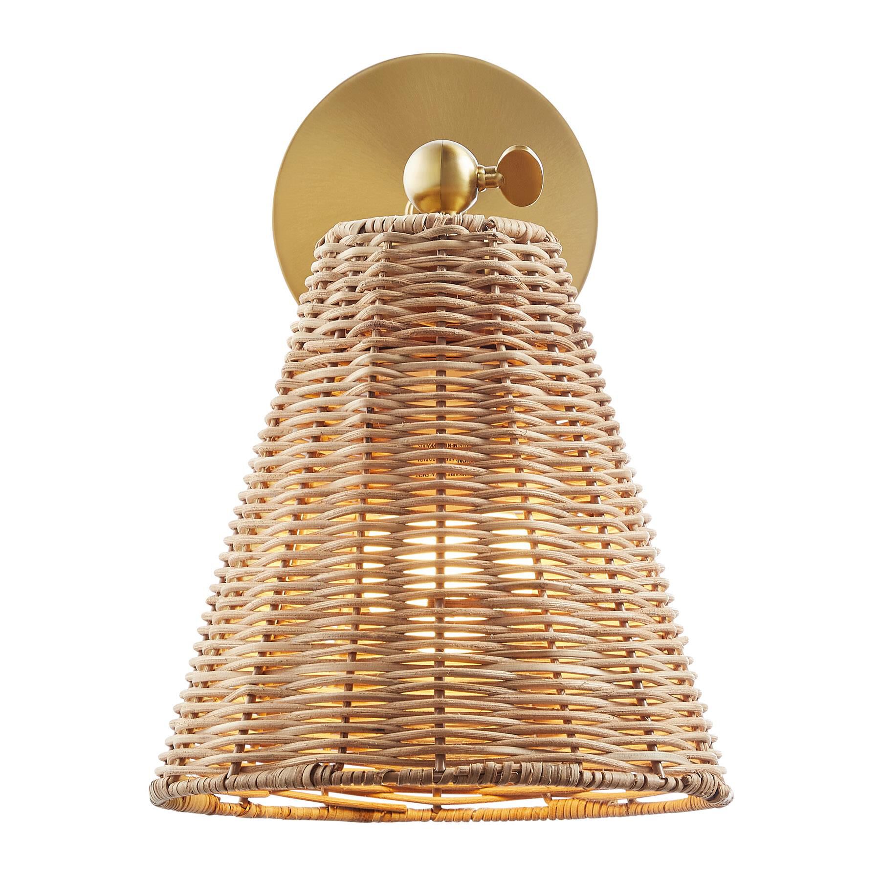Shown in Natural Brass finish and Rattan shade