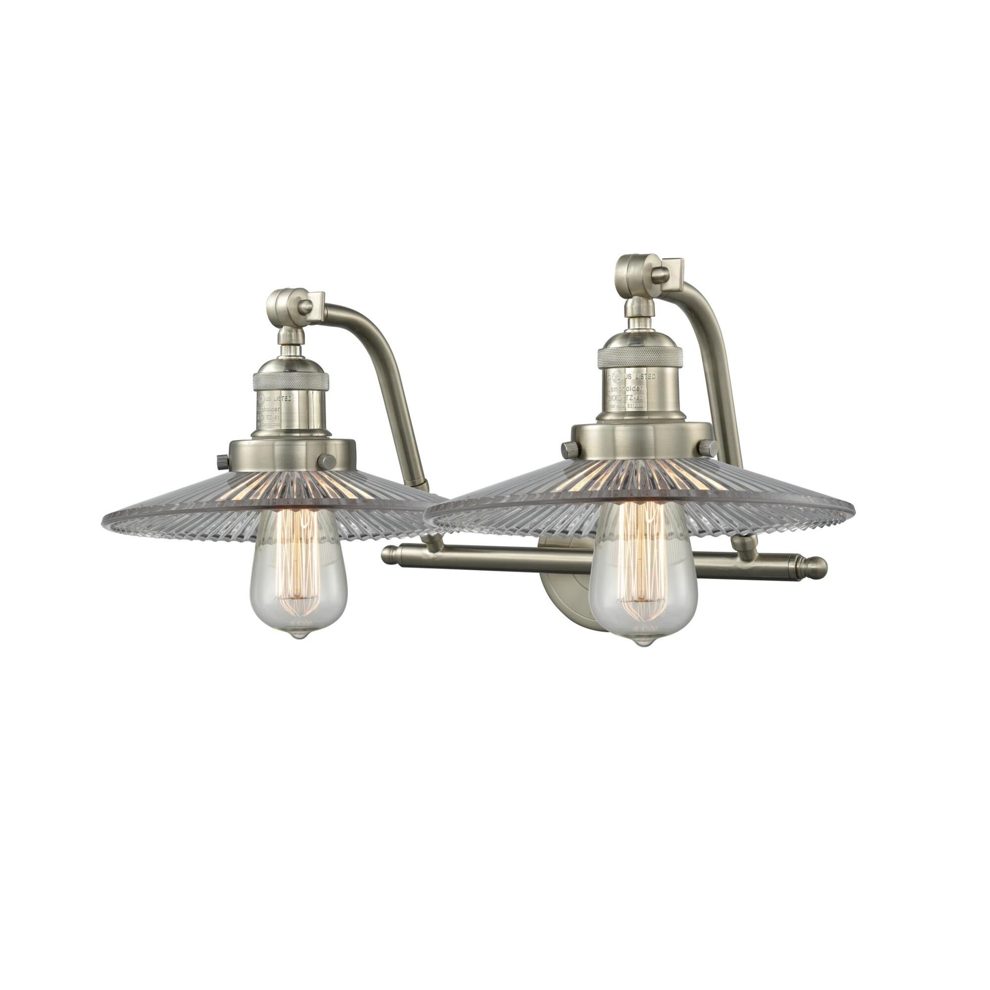 Shown in Brushed Satin Nickel finish and Clear Halophane glass