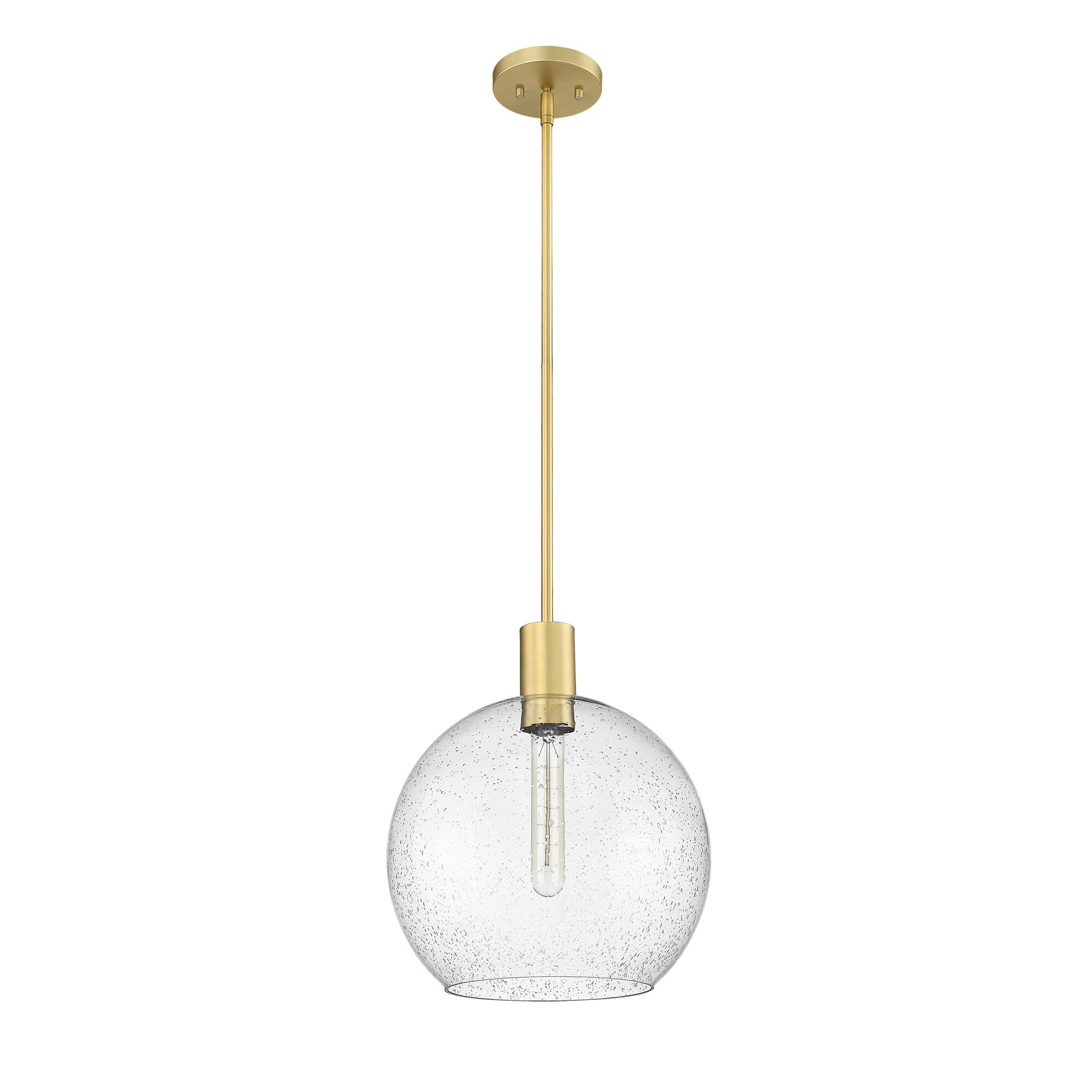 Shown in Olde Brass finish and Clear Seedy glass