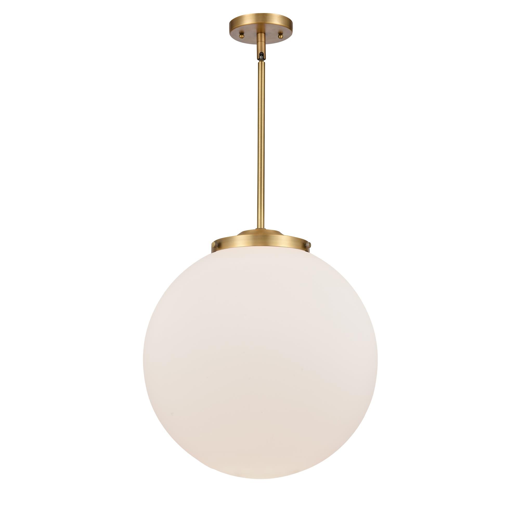 Shown in Brushed Brass finish and Matte White Cased Beacon glass