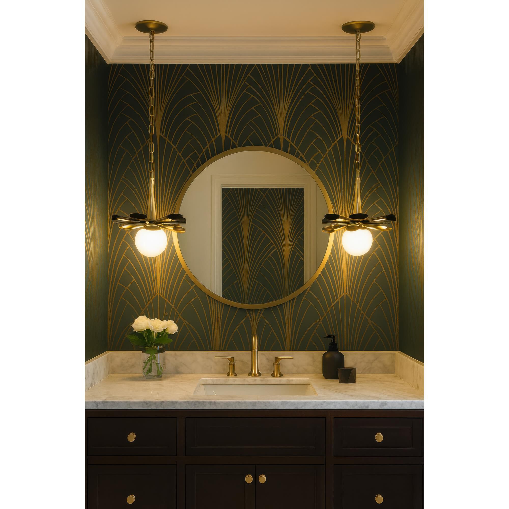 Shown in Black and Gold finish and Frosted Opal White glass