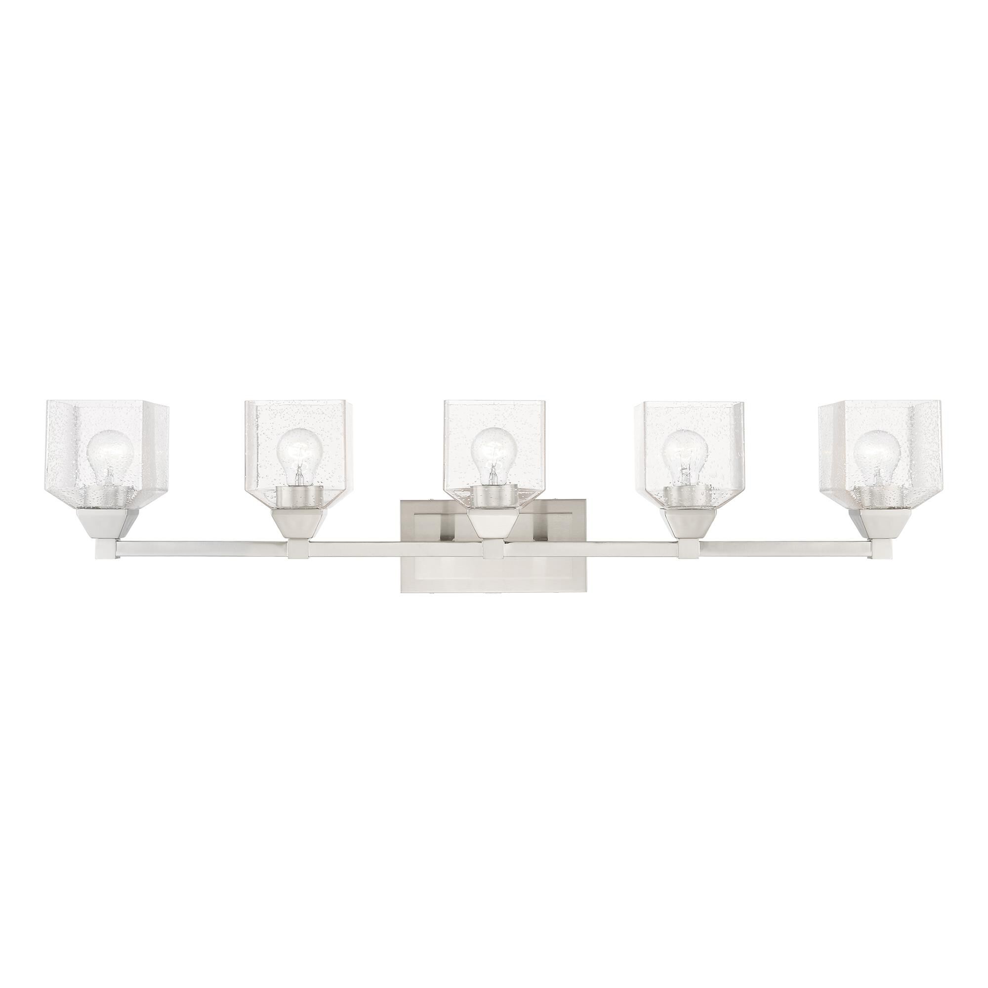 Shown in Brushed Nickel finish and Hand Blown Clear Seeded glass