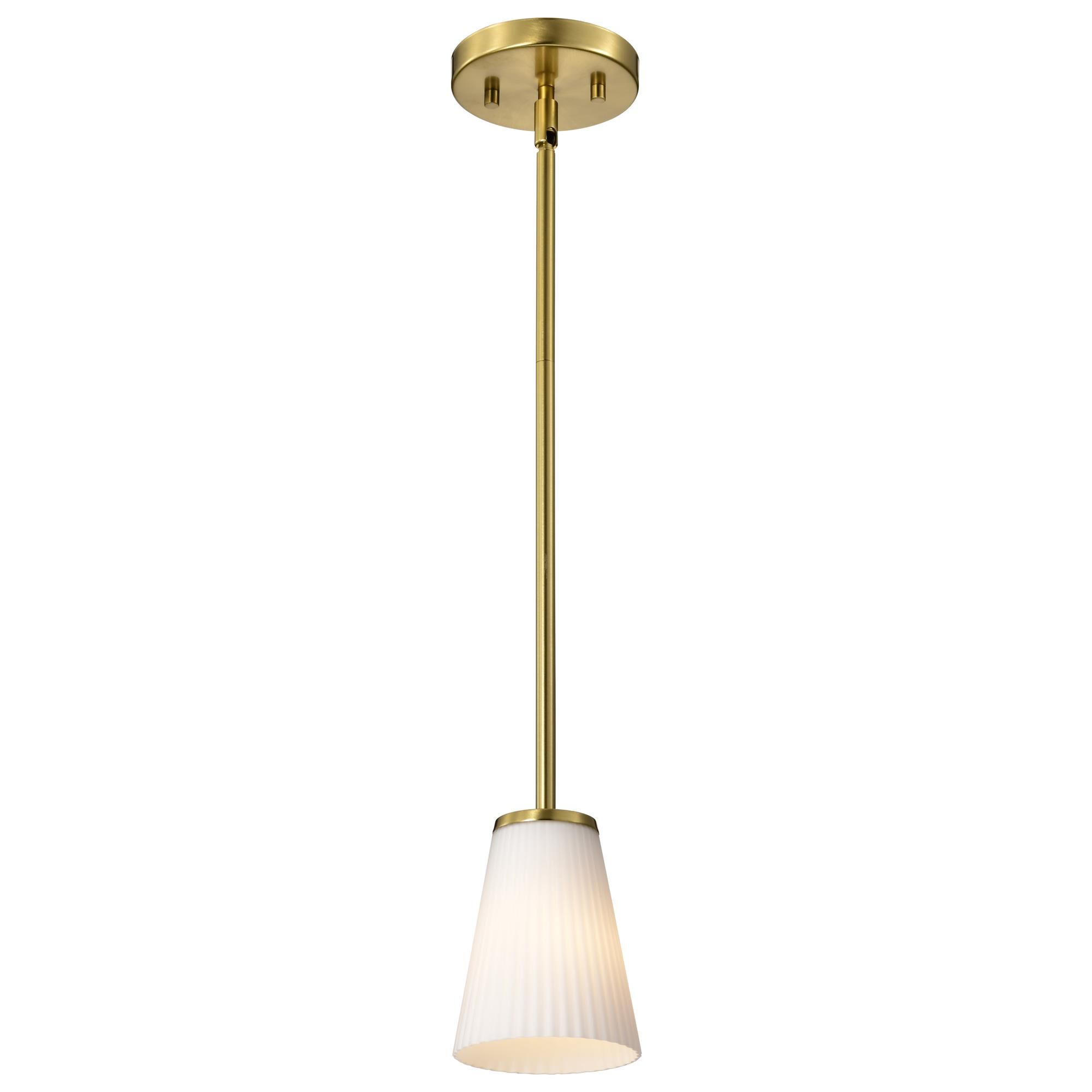 Shown in Burnished Brass finish and Ribbed White glass