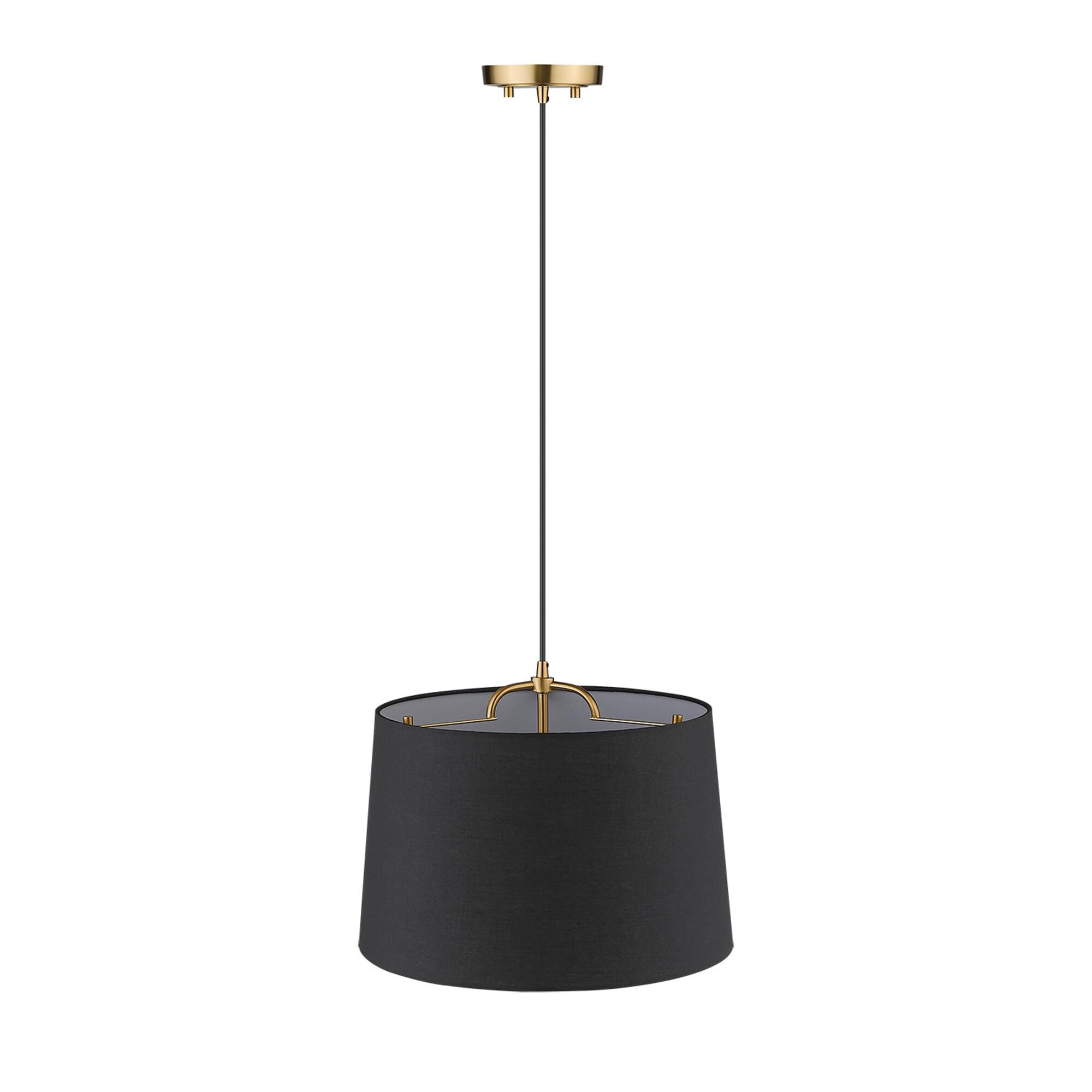 Shown in Gold finish and Matte Black glass and Black Hardback Linen Drum shade