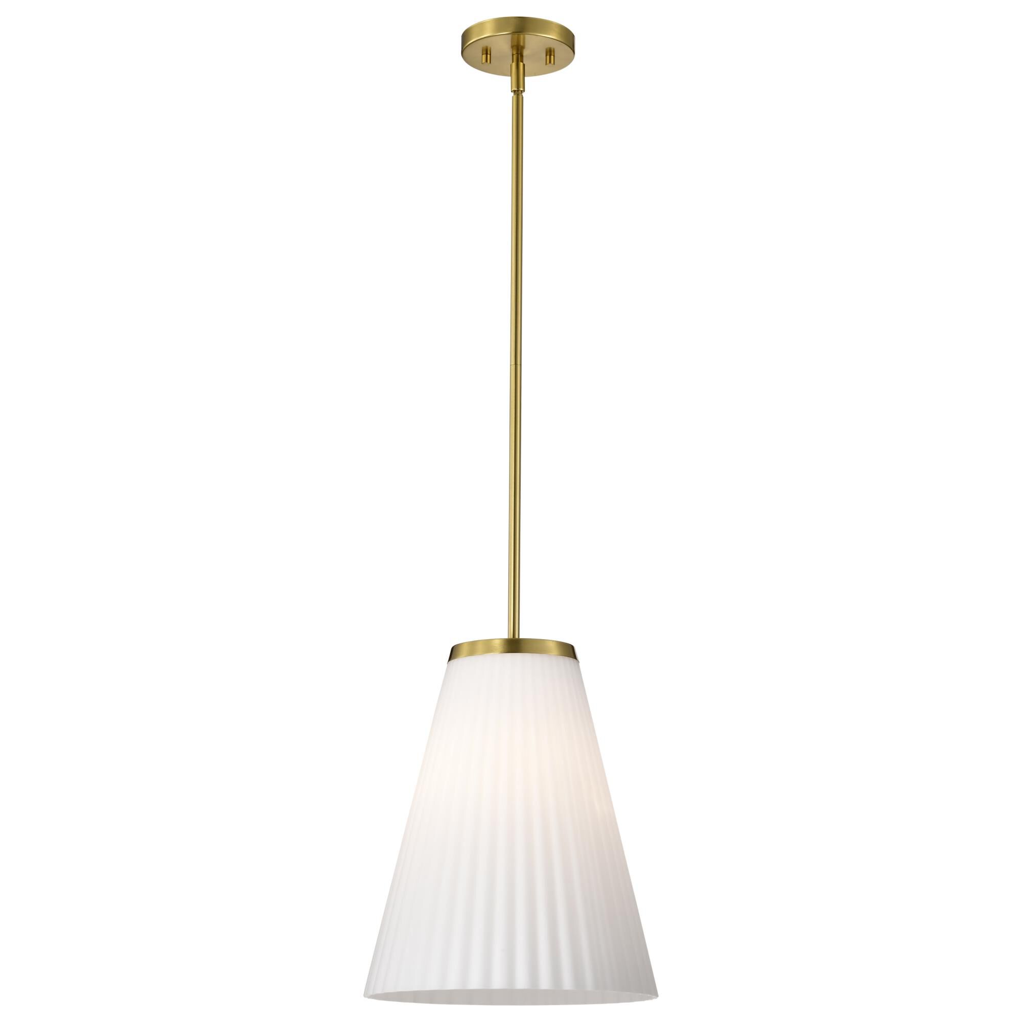 Shown in Burnished Brass finish and Ribbed White glass