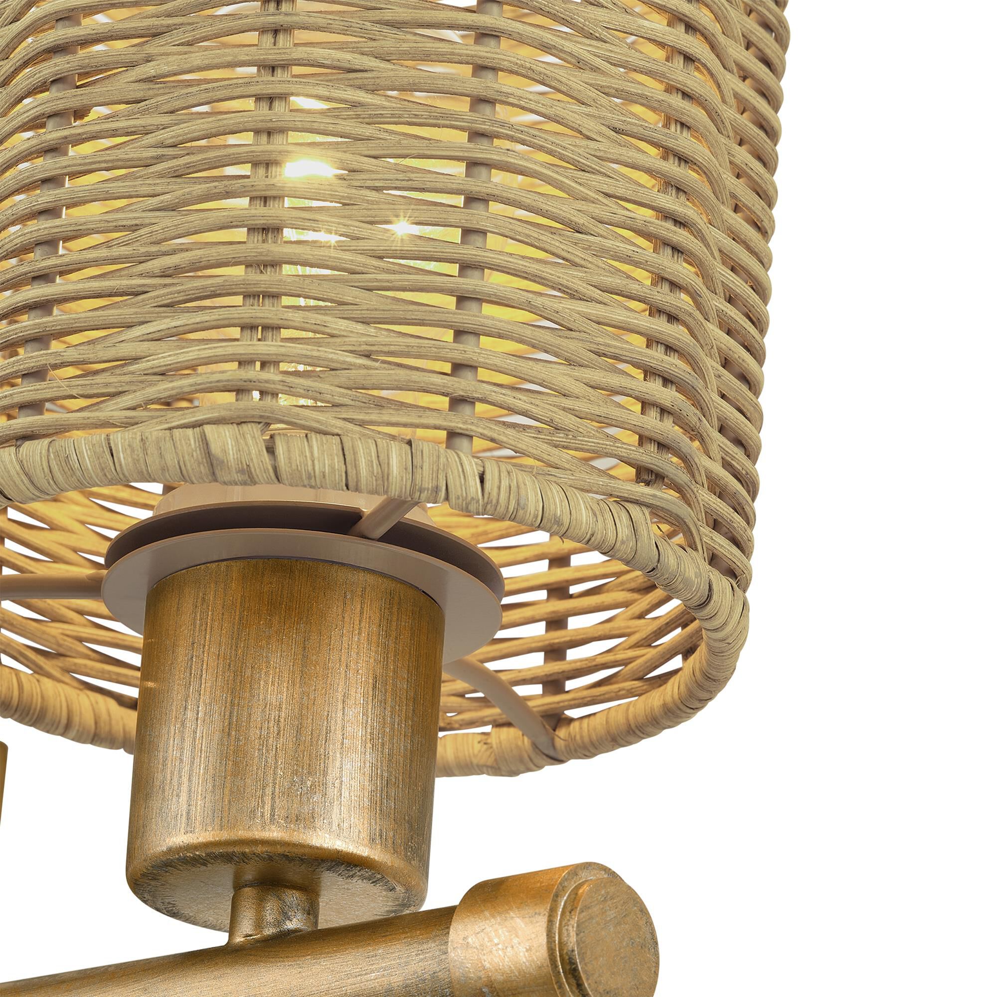 Shown in Antique Gold Leaf finish and Hand-Woven Rustic Walnut Color Rattan shade