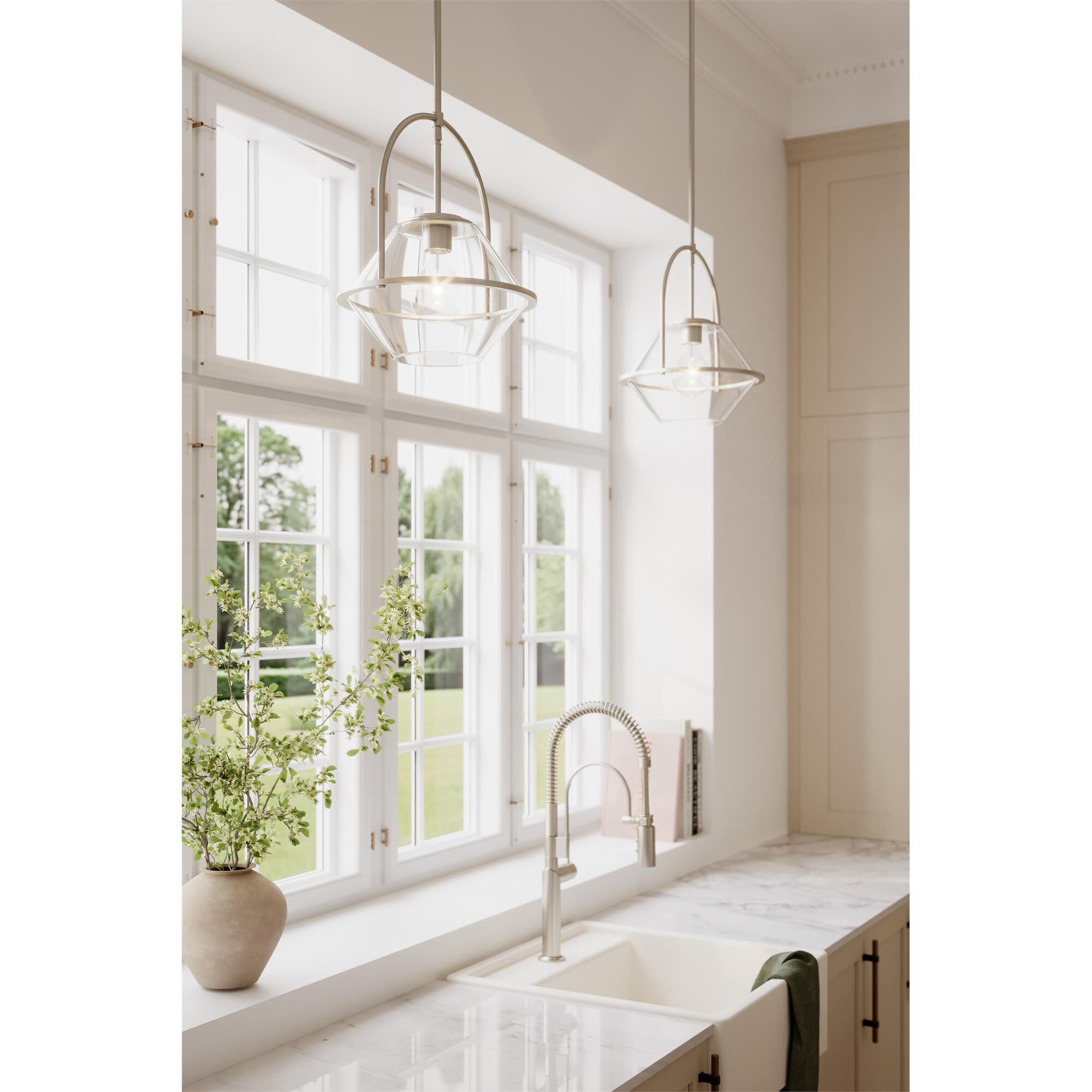 Shown in Brushed Nickel finish and Clear glass