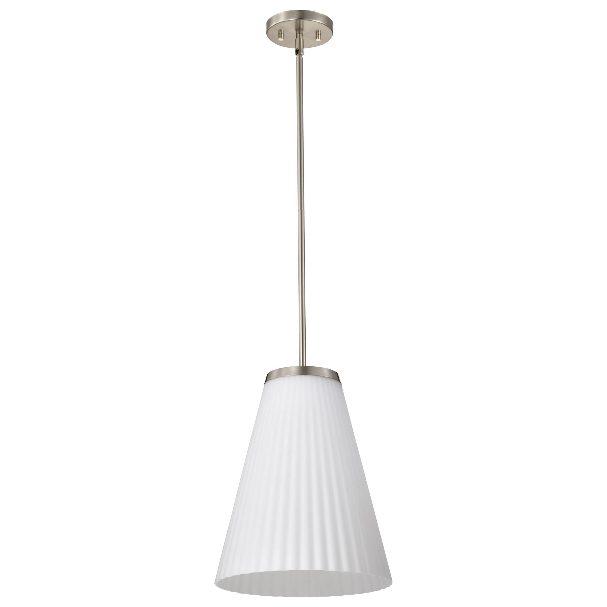 Shown in Brushed Nickel finish and Ribbed White glass