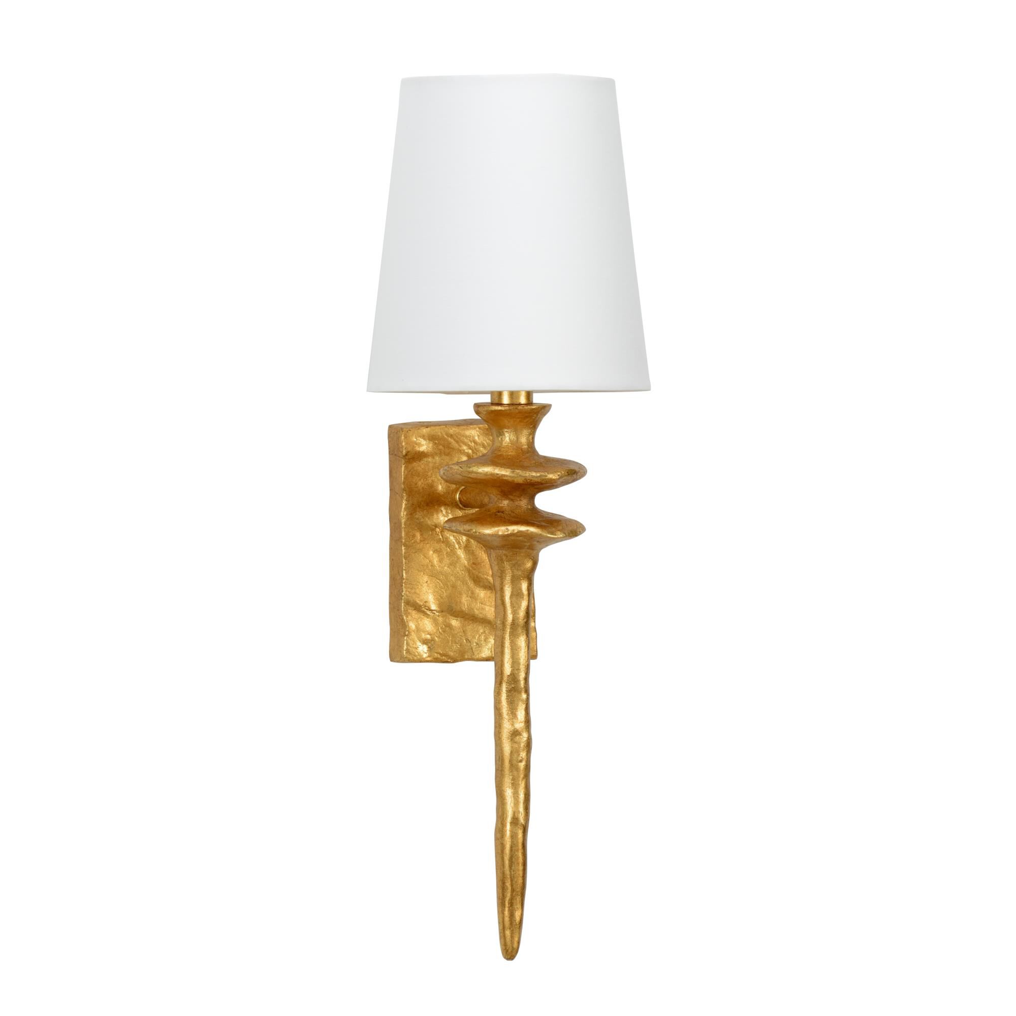 Shown in Antique Gold Leaf finish and Off White Linen shade