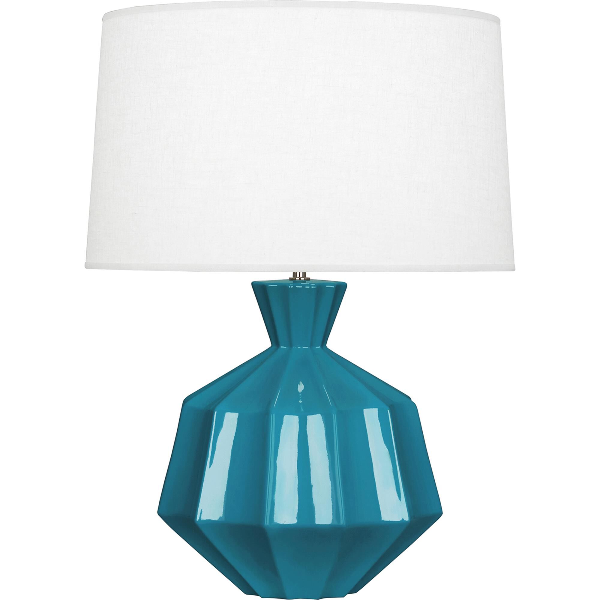 Shown in Peacock Glazed Ceramic finish and Oyster Linen With Self Fabric Top Diffuser shade