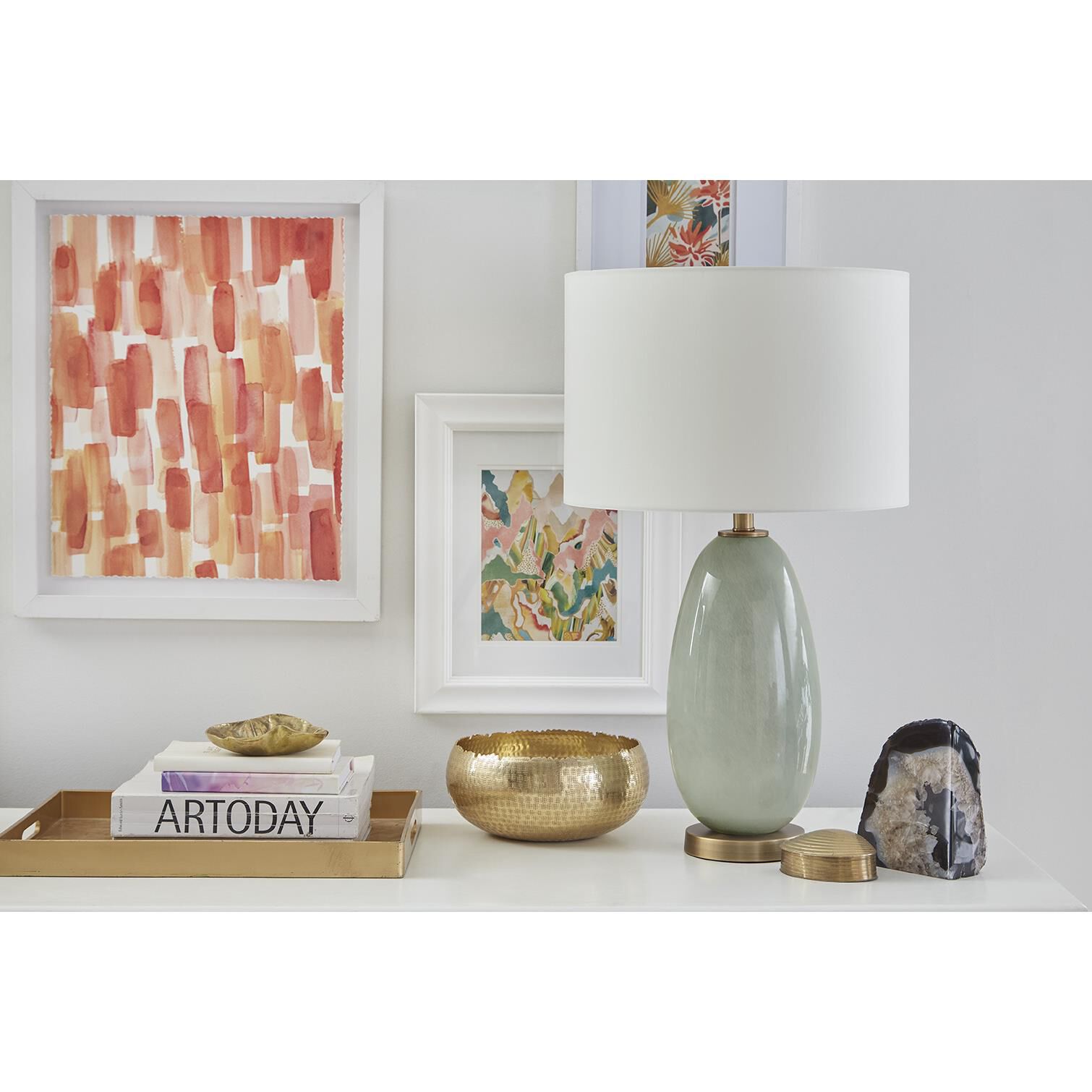 Shown in Brass finish and Cream glass and Cream Linen Drum shade