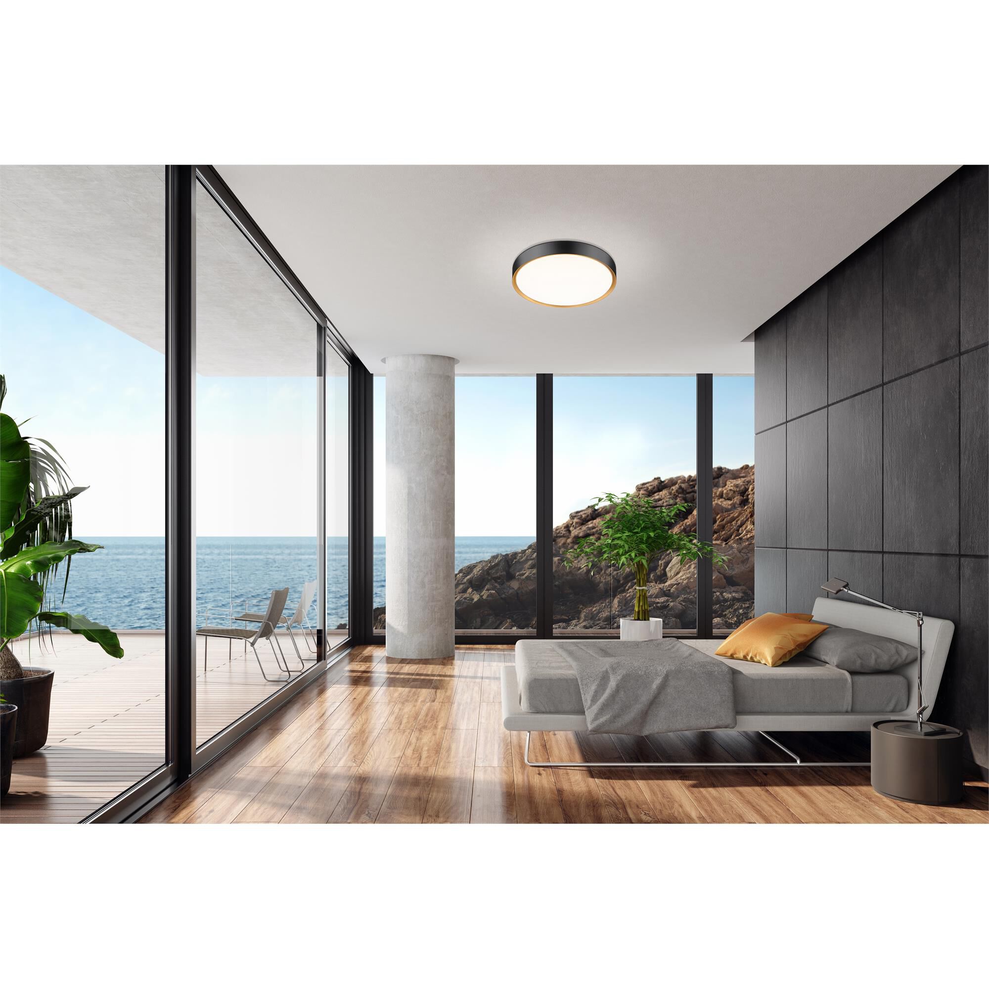 Shown in Matte Black And Modern Gold finish and Frosted glass and Frosted shade