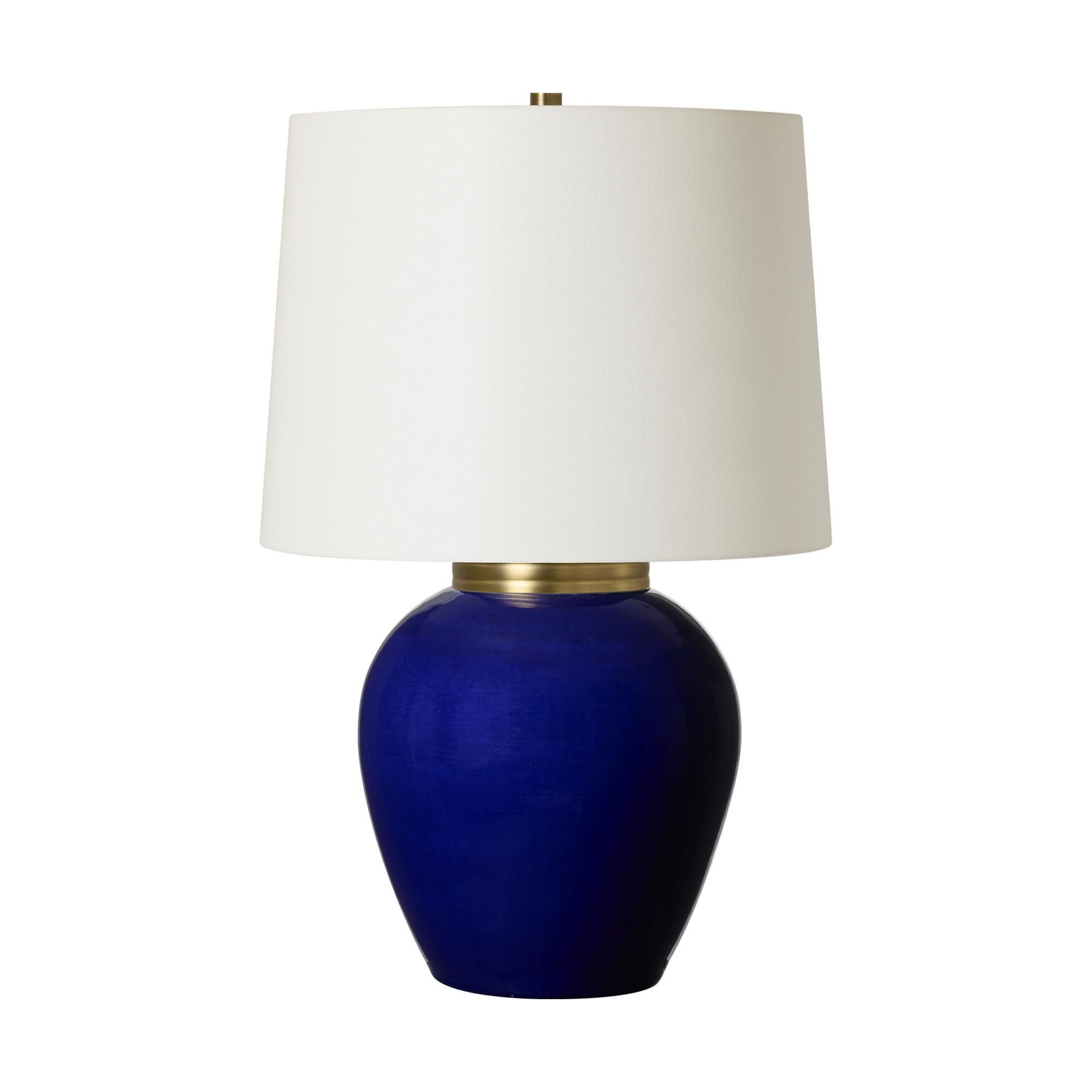 Shown in Crystal Cobalt finish and White Linen shade