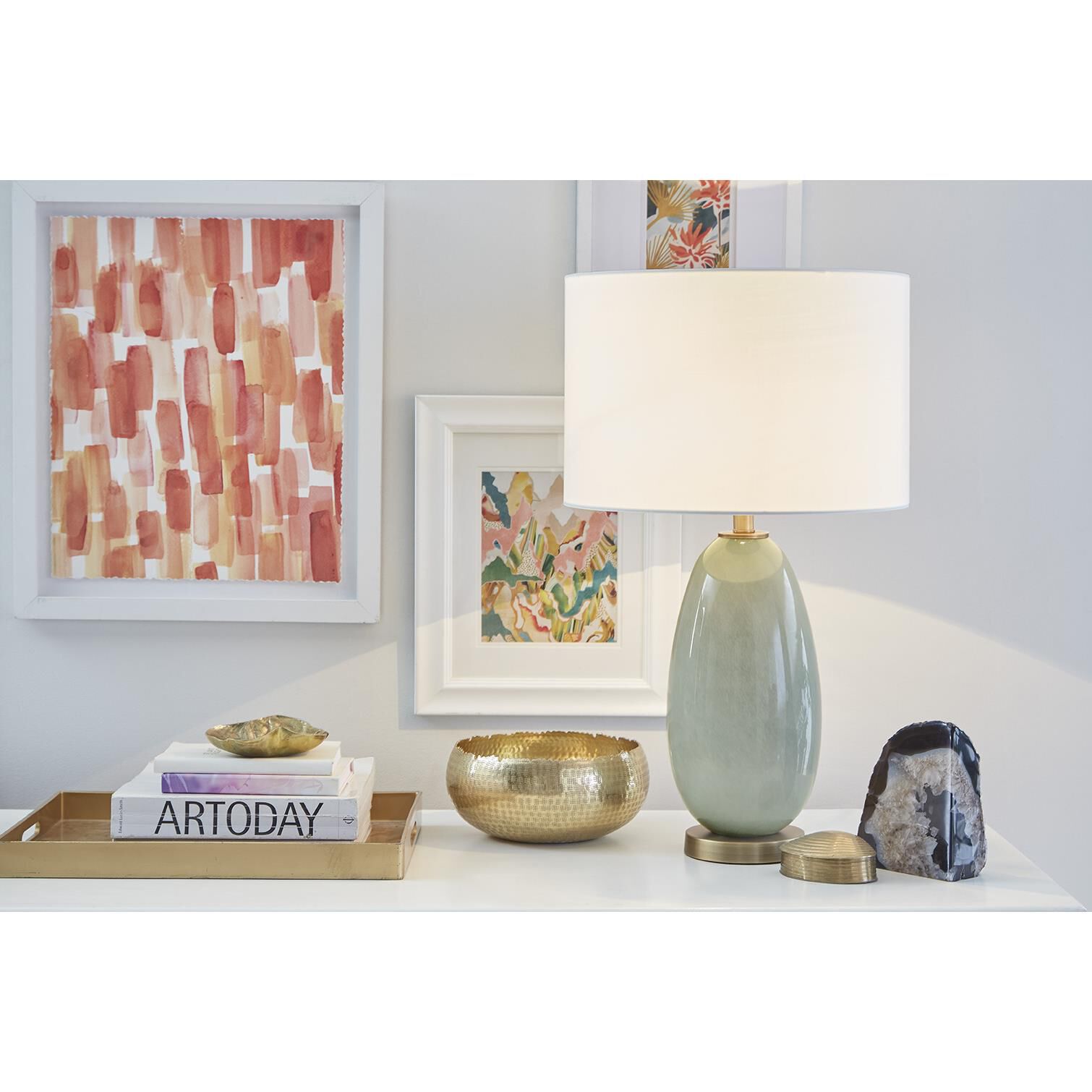 Shown in Brass finish and Cream glass and Cream Linen Drum shade