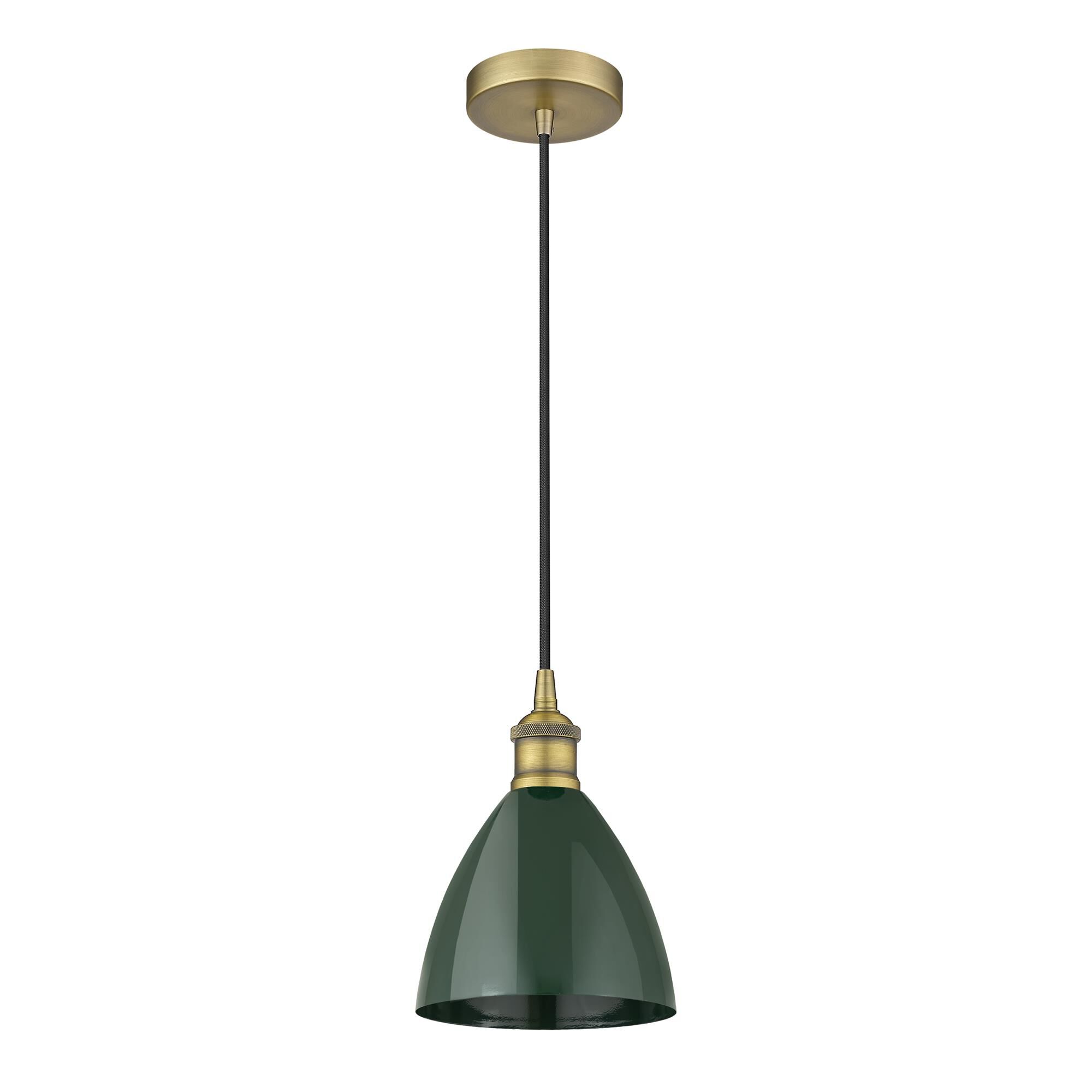 Shown in Brushed Brass finish and Green Plymouth Dome shade