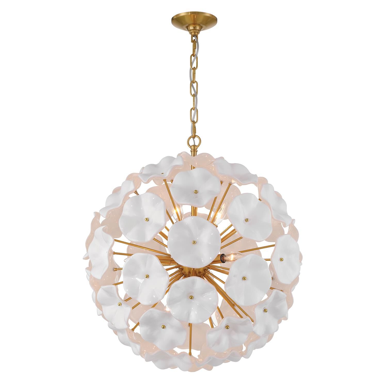 Shown in Aged Brass finish and Floral Petals White glass