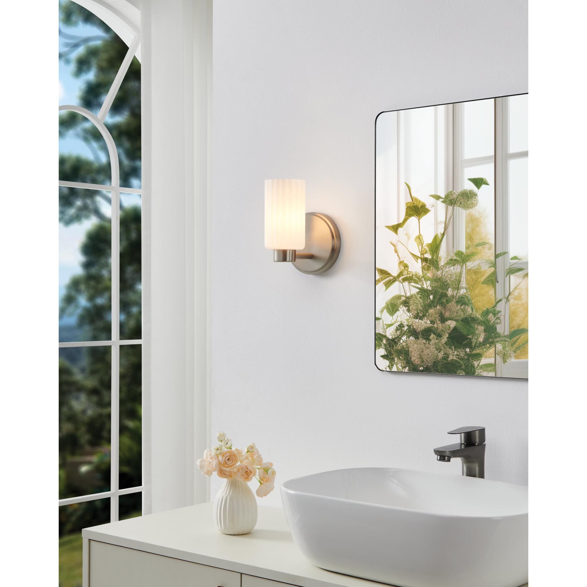 Shown in Brushed Nickel finish and Etched Opal Ribbed glass