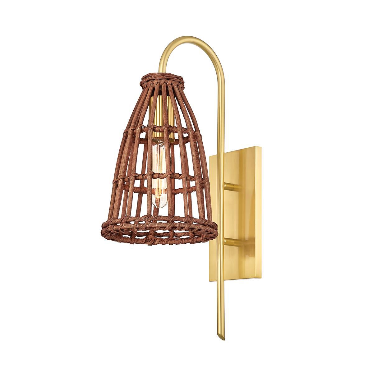 Shown in Aged Brass finish and Natural Rattan shade