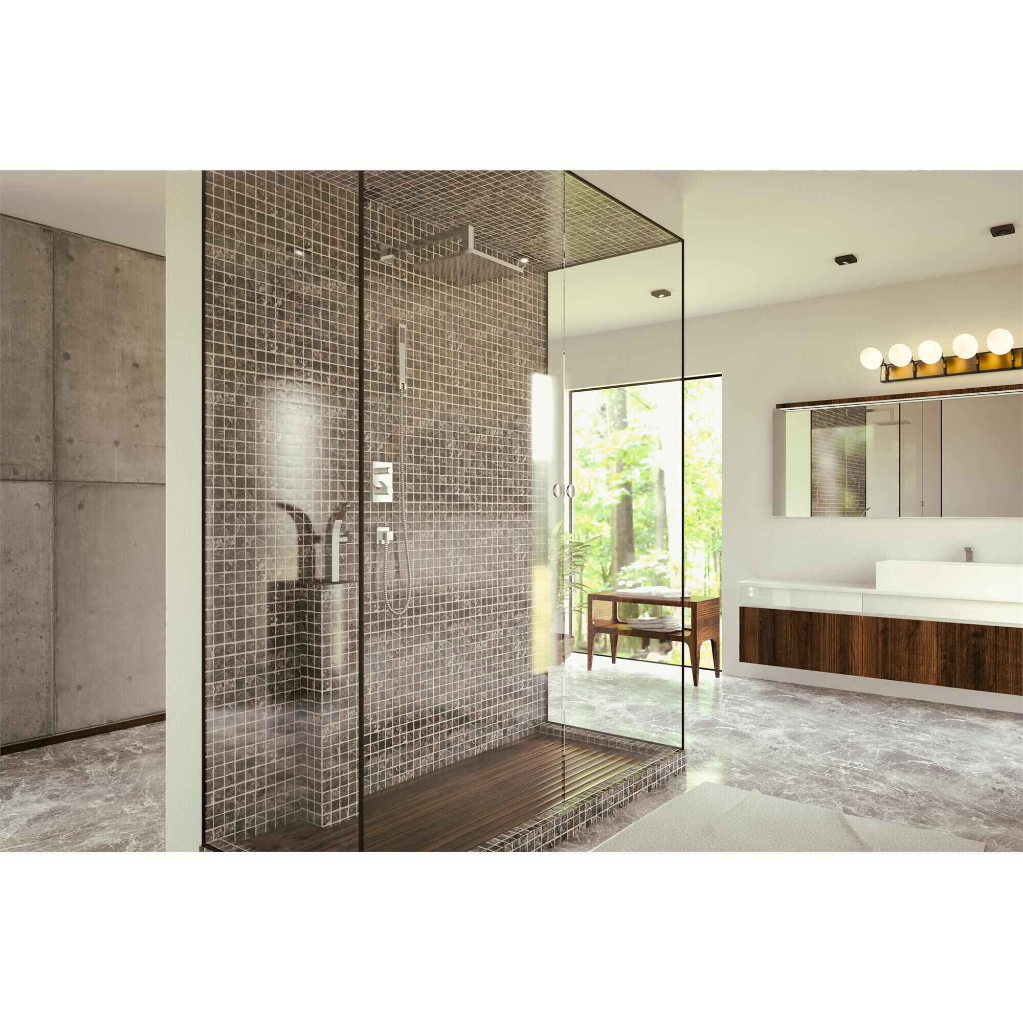 Shown in Matte Black + Olde Brass finish and Glass shade
