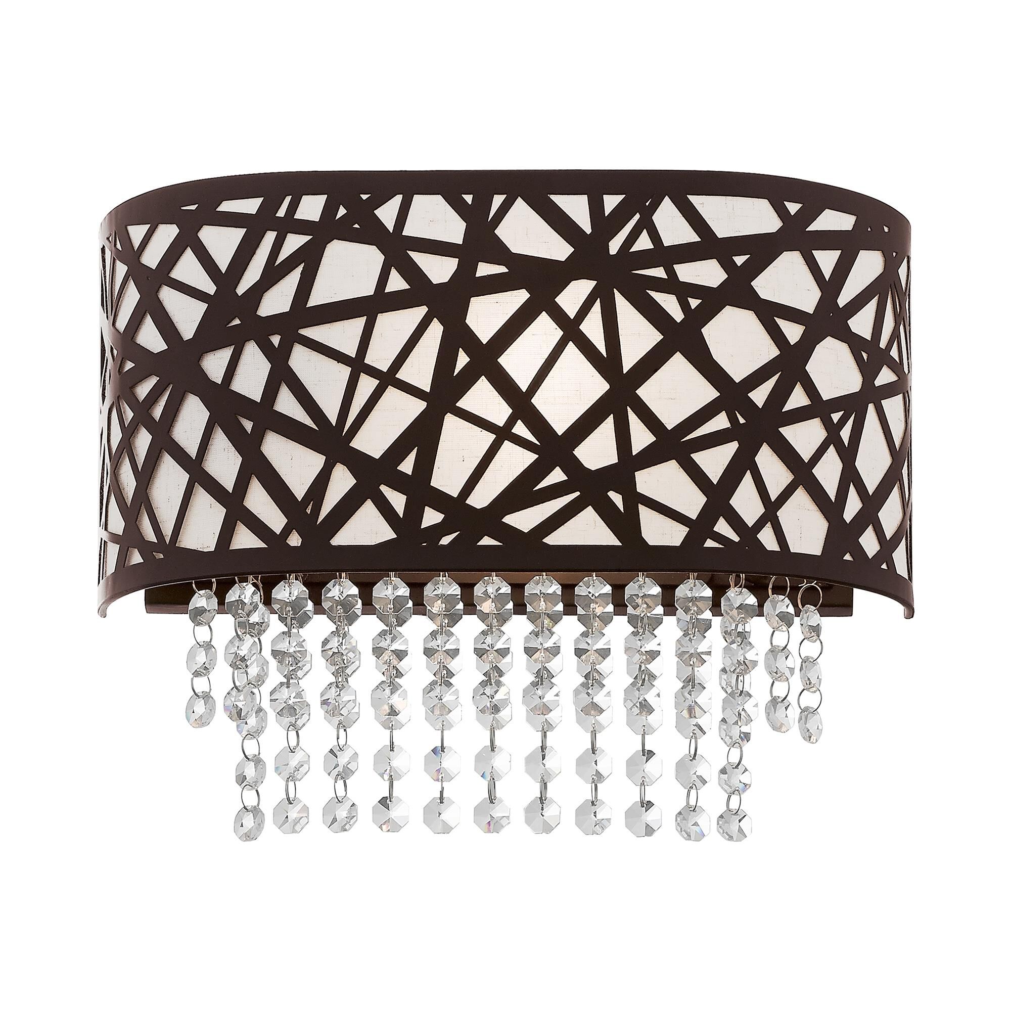 Shown in Bronze finish and Oatmeal Color Fabric Hardback  Inside & Clear Crystals shade