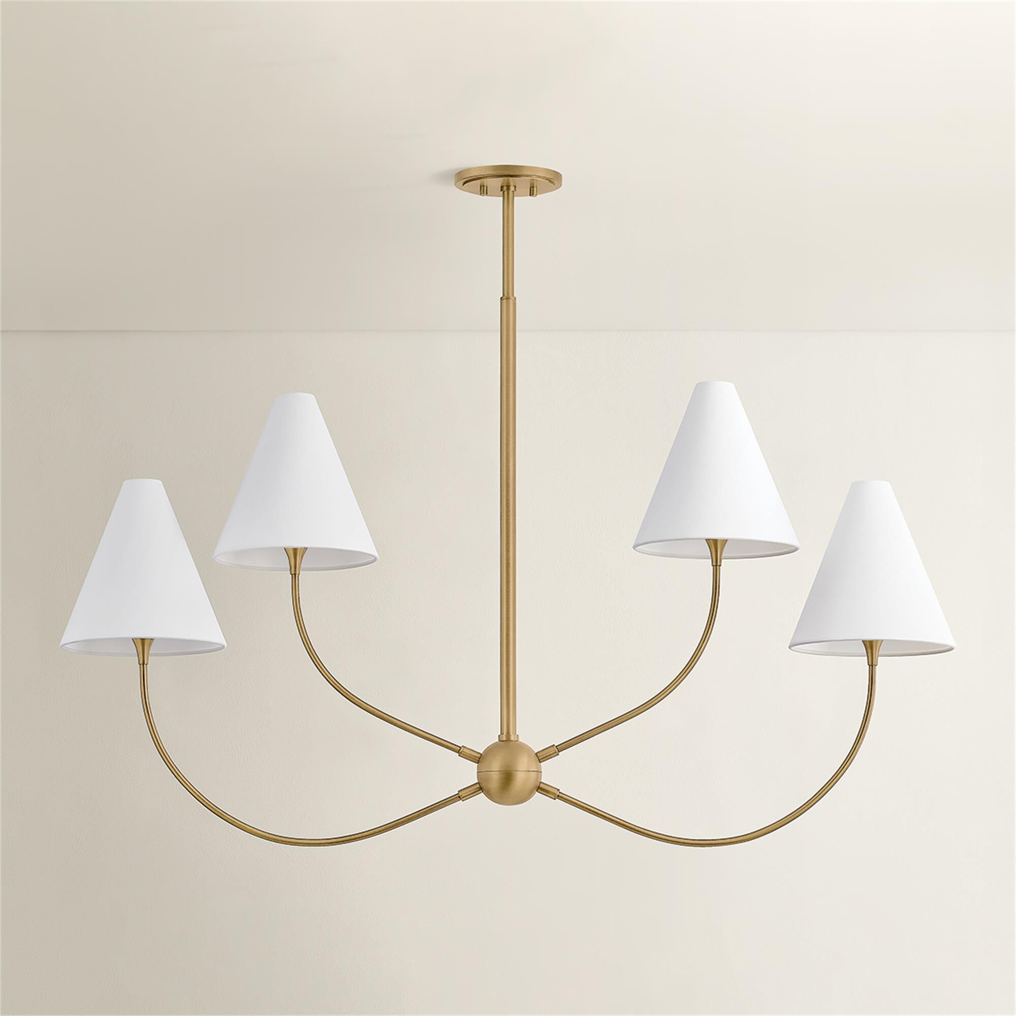 Shown in Patina Brass finish and Off White Linen shade