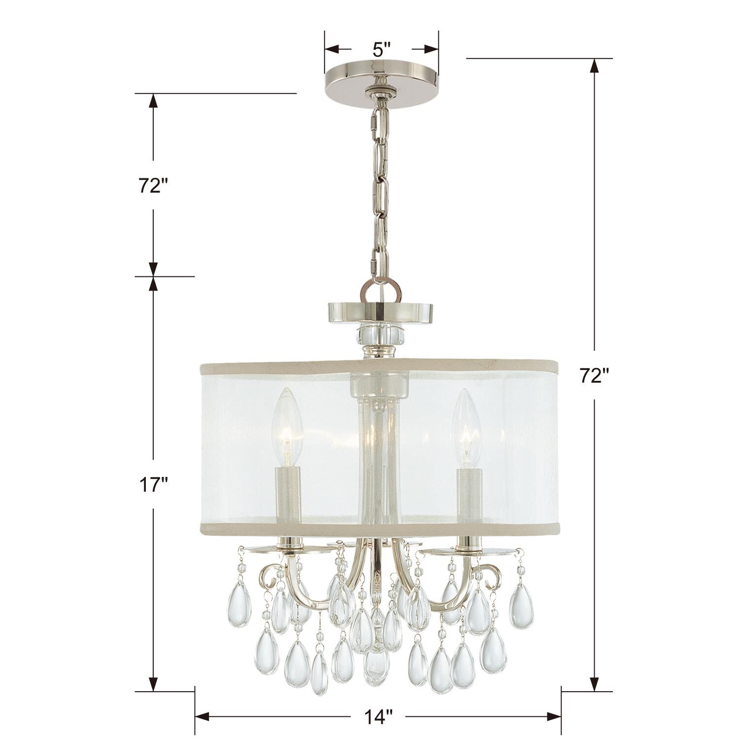 Shown in Polished Chrome finish and Clear Teardrop Almond crystal and Silk glass and Silk shade