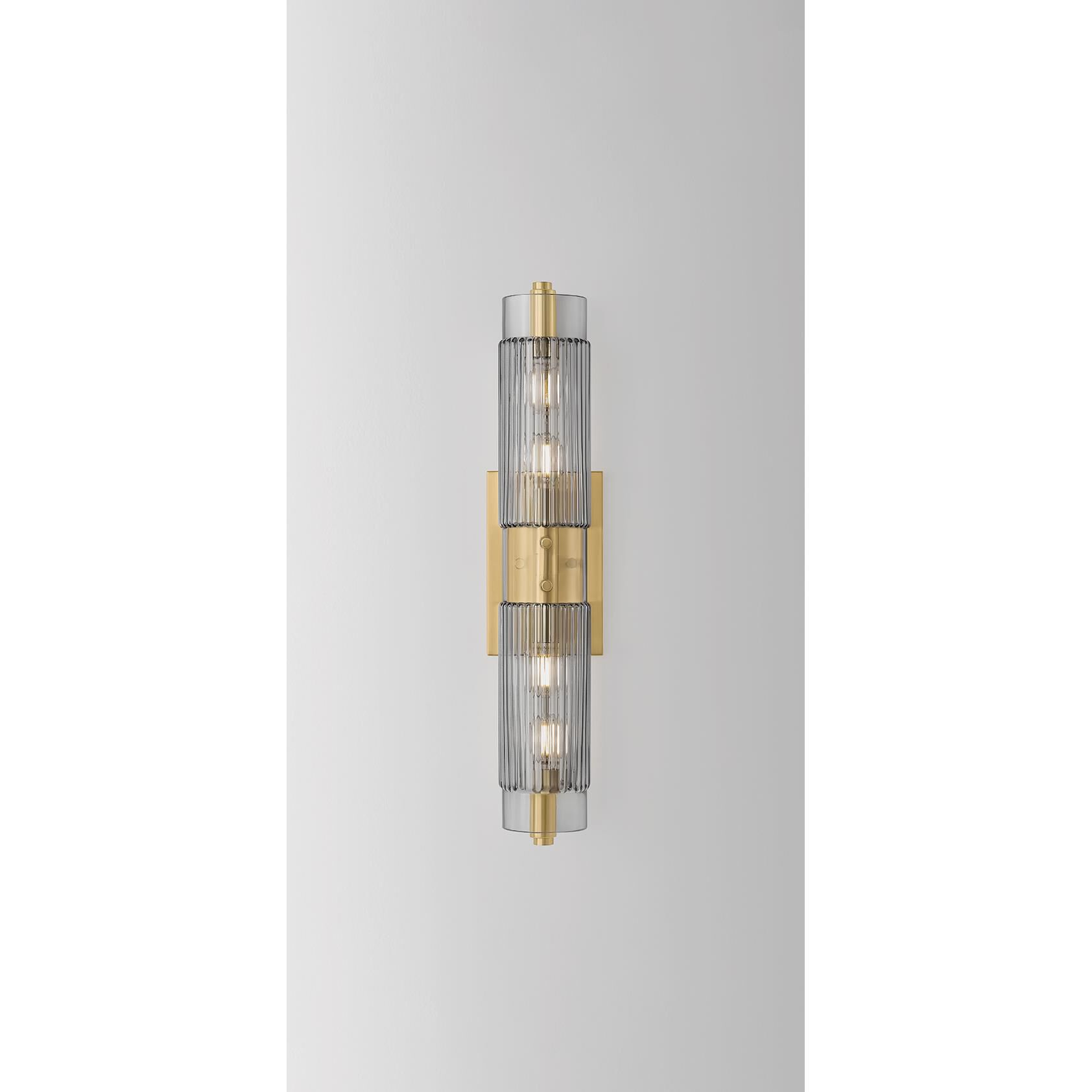 Shown in Vintage Brass finish and Clear Smoke glass