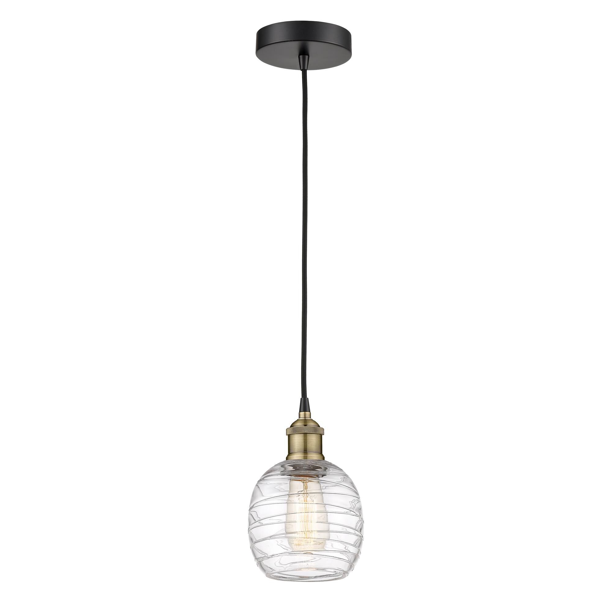 Shown in Black Antique Brass finish and Deco Swirl glass
